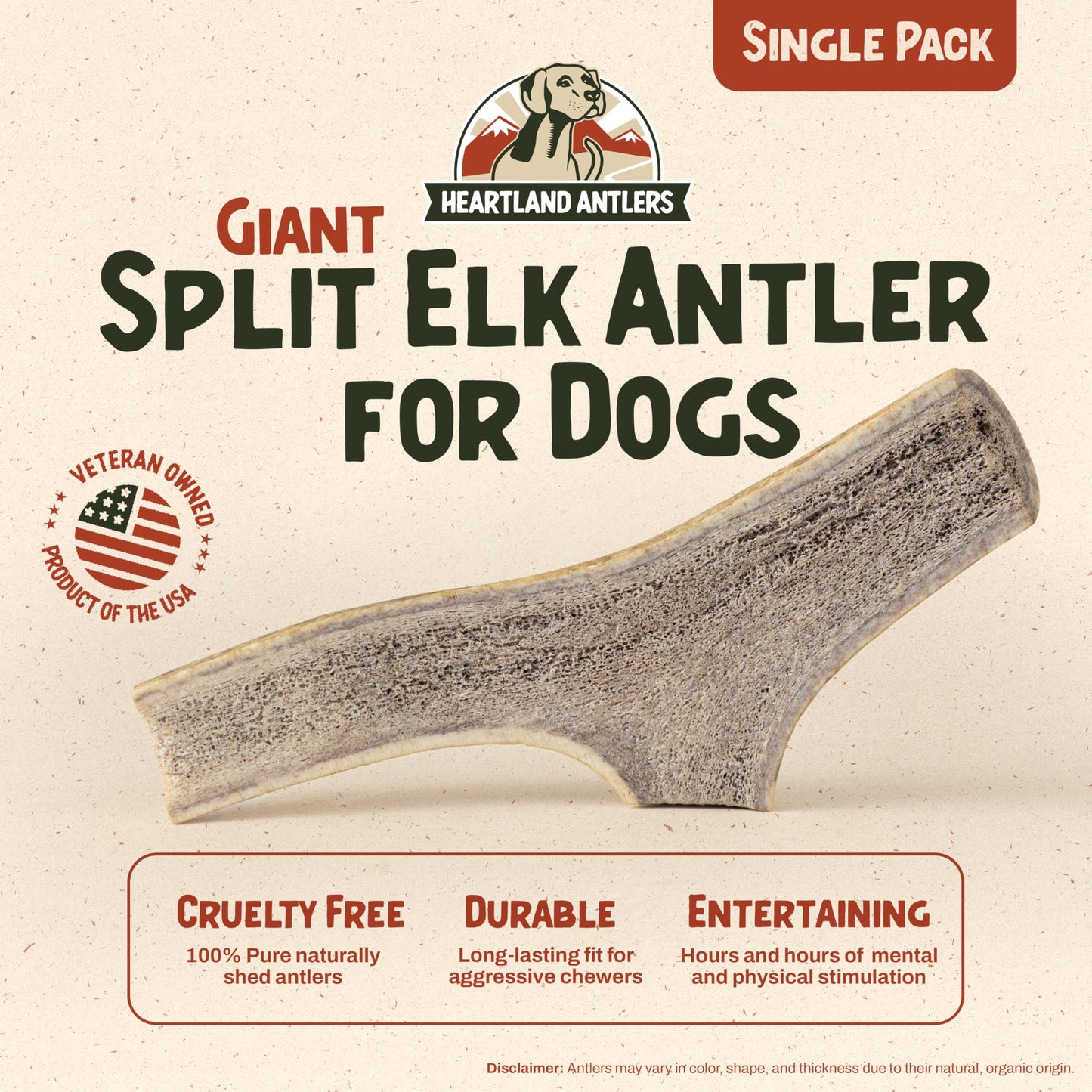 Heartland Elk Antlers for Dogs (Split Elk, 9+", Giant, 1-Pack) – Grade A, Naturally Shed | Odor-Free, Splinter-Free Chew for Aggressive Chewers & Puppies | USA Made | Veteran Owned