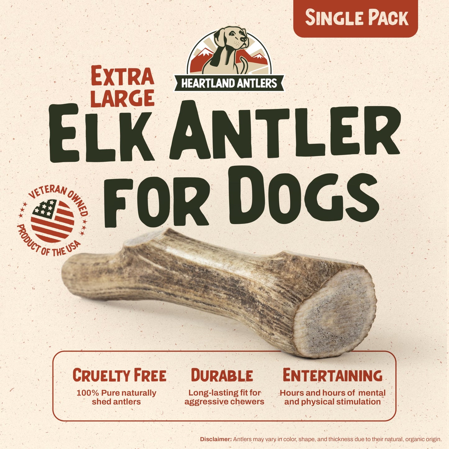 Heartland Elk Antlers for Dogs (Whole Elk, 8+", X-Large, 1-Pack) – Grade A, Naturally Shed | Safe, Long-Lasting Chew for Aggressive Chewers & Puppies | USA Made | Splinter-Free | Veteran Owned