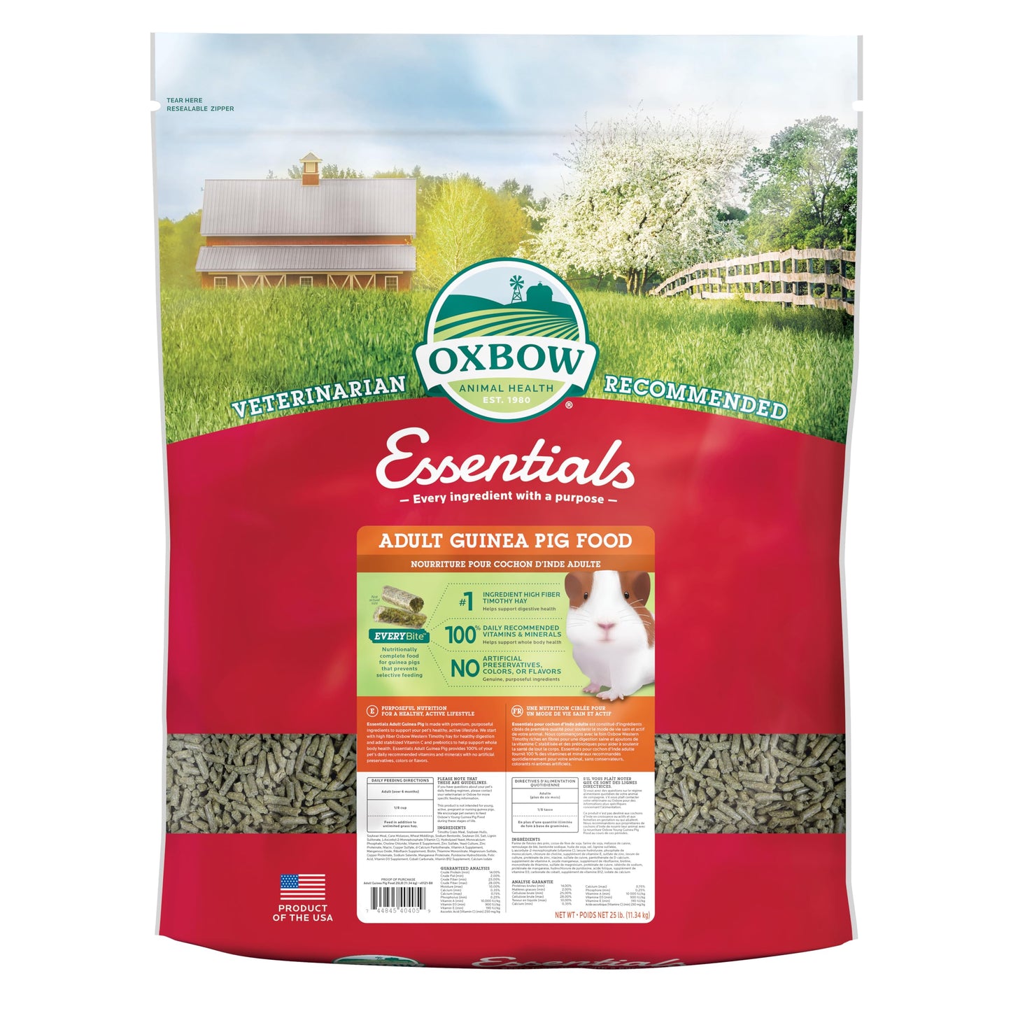Oxbow Essentials Adult Guinea Pig Food - All Natural Adult Guinea Pig Pellets- No Artificial Ingredients- Veterinarian Recommended- All Natural Vitamins & Minerals- Made in the USA - 25 lb.