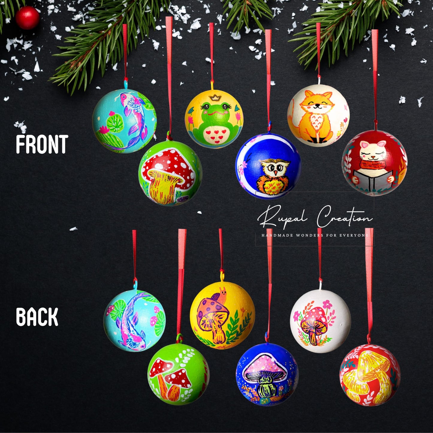 Set of 6 Handmade Wooden Christmas Ornaments - Rustic Holiday Ball Decorations - Made in USA - Perfect for Gifts, Tree Decor, and Home Accents - Small Business Craft (Multi Colour)