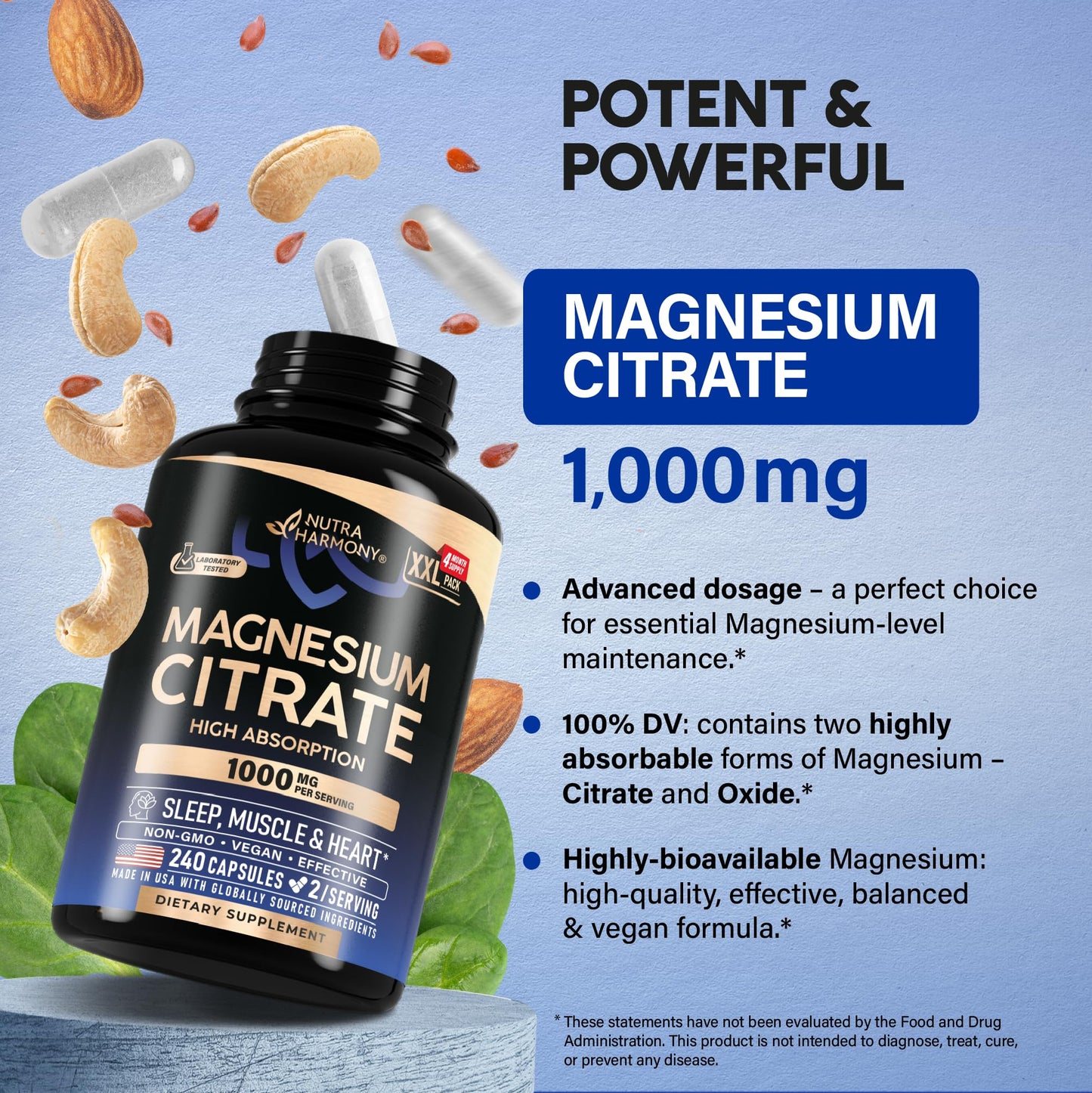 Magnesium Citrate Capsules 1000mg | High Absorption Supplement - Sleep, Muscle & Heart Support - Vegan | Non-GMO - Made in USA - As Powder | Pills | Tablets - 240 Capsules, 4 Month Supply