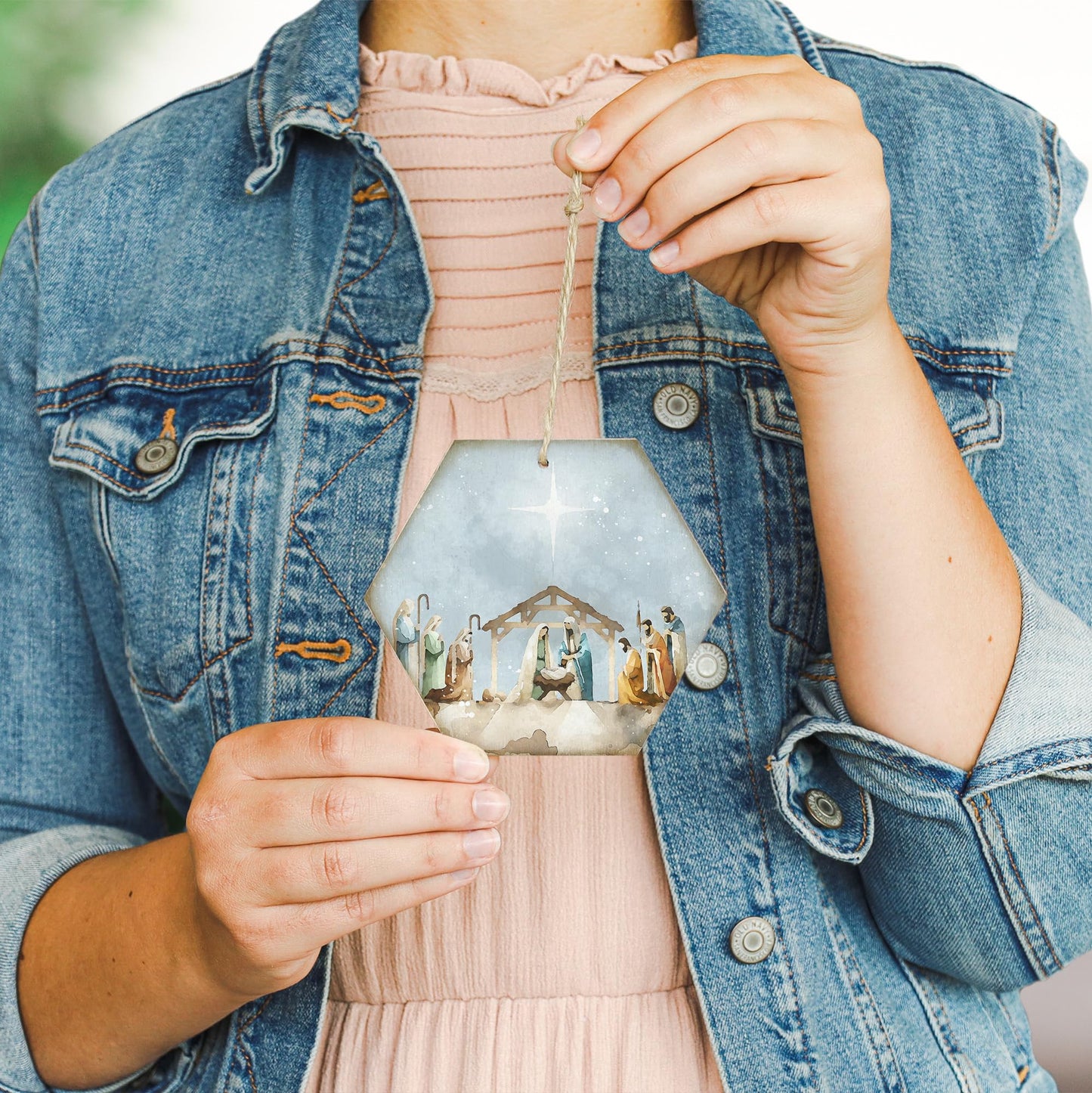 Simply Said, INC Honeycomb Wood Christmas Ornament, Watercolor Nativity Scene, Rustic Christmas Ornament, Made in USA, ORH1766