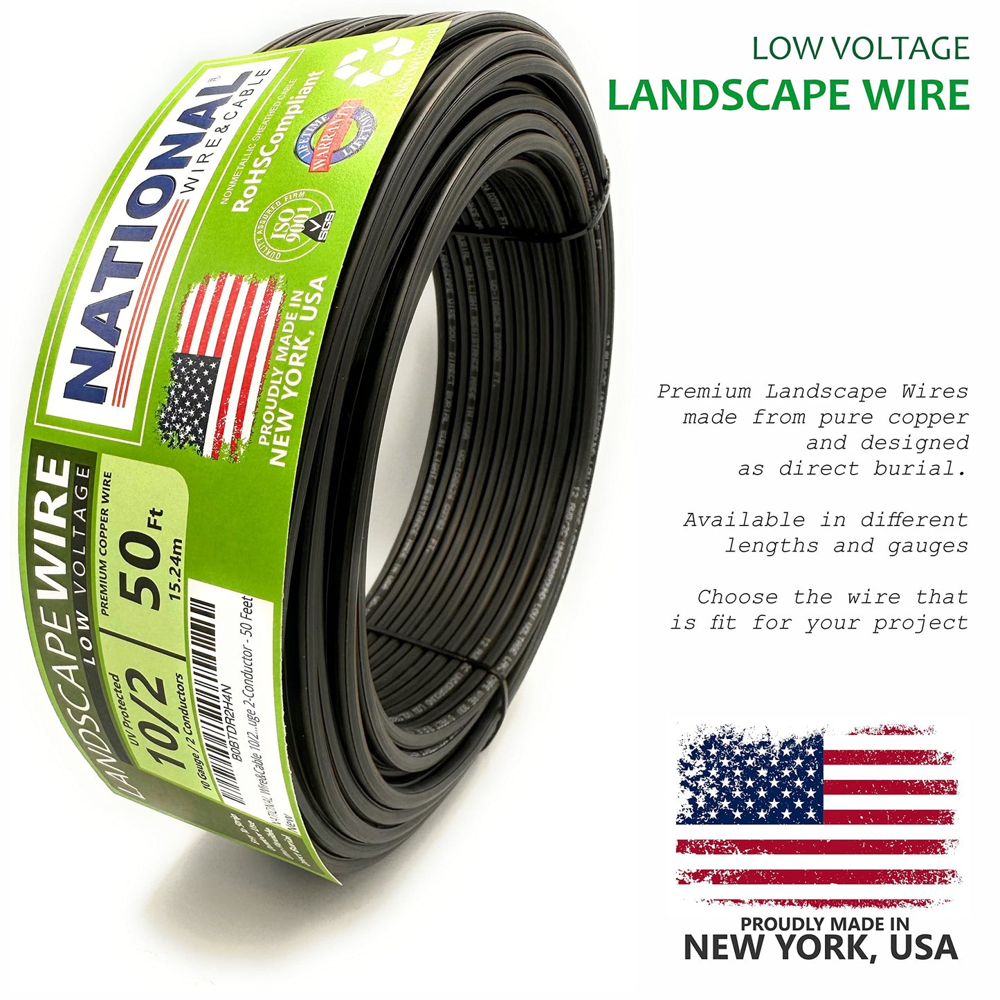 NATIONAL Wire&Cable 10/2 Low Voltage Landscape Lighting Wire - Made in USA - 10-Gauge 2-Conductor - 50 Feet