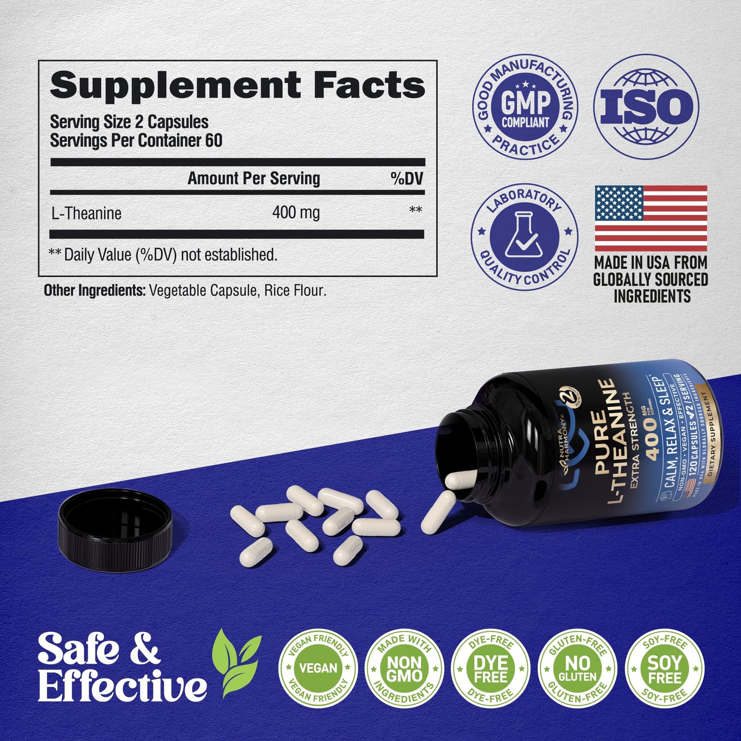 L Theanine 400 mg | L-Theanine Stress Relief | Extra Strength Supplement | Made in USA | Relaxation, Sleep & Calm Support | For Men & Women | Plant Based, Non-GMO & Gluten-Free | Vegan, Pack of 2