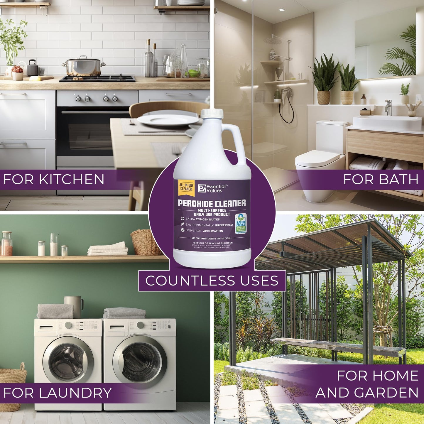 Essential Values Peroxide Cleaner 5%, Safer Choice Certified | Made in USA, Multi-Surface - Extra Concentrated - Ideal for Residential Commercial Retail Hospital Restaurants
