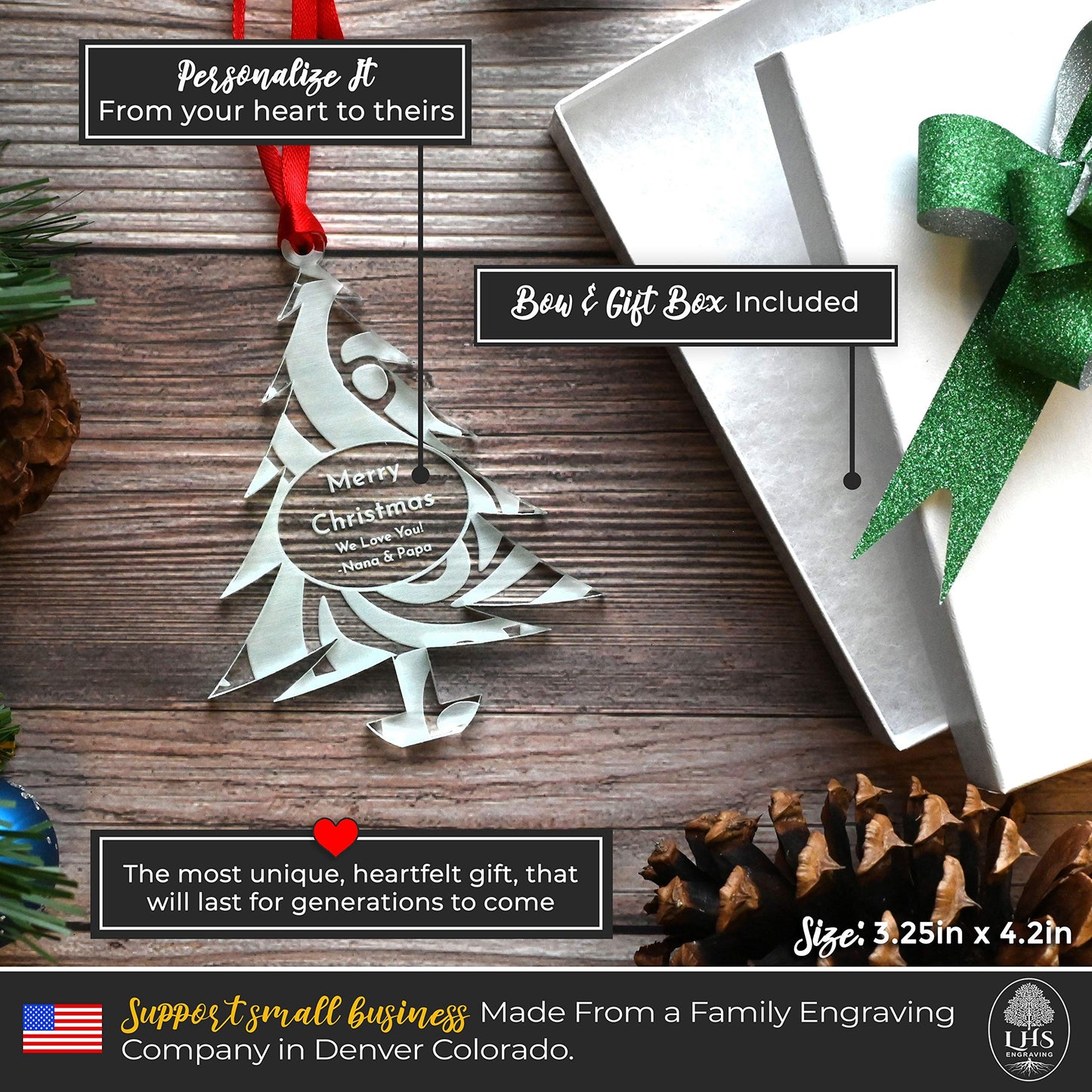 LHS - Customized 2024 Christmas Tree Ornaments | Custom Engraved Family Holiday Decorations Made in The USA - Personalized Acrylic Swirl Pattern