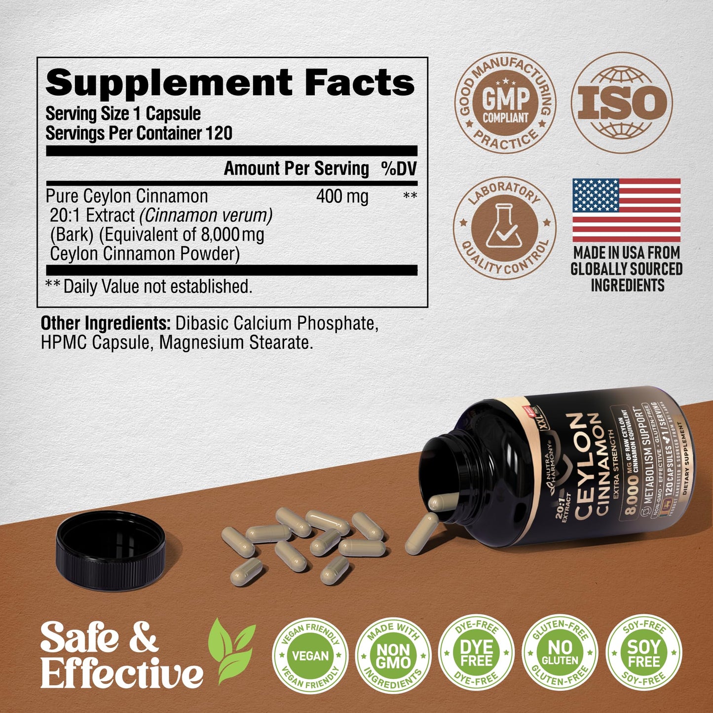 Ceylon Cinnamon Capsules - Extra Strength - Energy, Heart & Metabolism Support - for Men & Women - Pure Natural Extract 20:1 Supplement - Made in USA - GMO & Gluten Free, 120 Capsules, 4 Month Supply