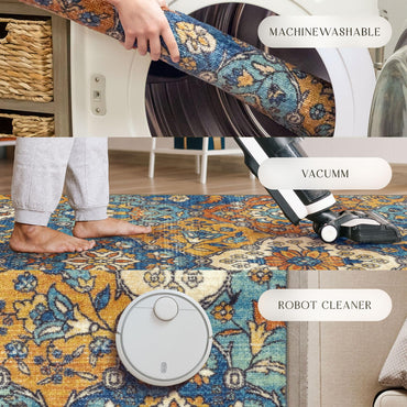 Maples Rugs Sutton Oriental Area Rugs – Made in USA – Washable, Non Slip Indoor Carpet for Entryway, Foyer, Kitchen, and Bathroom, 20" x 34", Blue/Orange