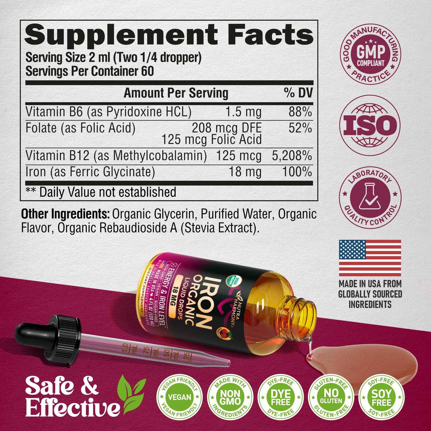 Liquid Iron Supplement for Women 18 mg - USDA Organic Iron Drops - with Folate, Vitamin B12 & B6 - Iron Level & Energy - Gentle & High Absorption Glycinate Form - Cherry Flavor, Sugar-Free - 4 fl oz