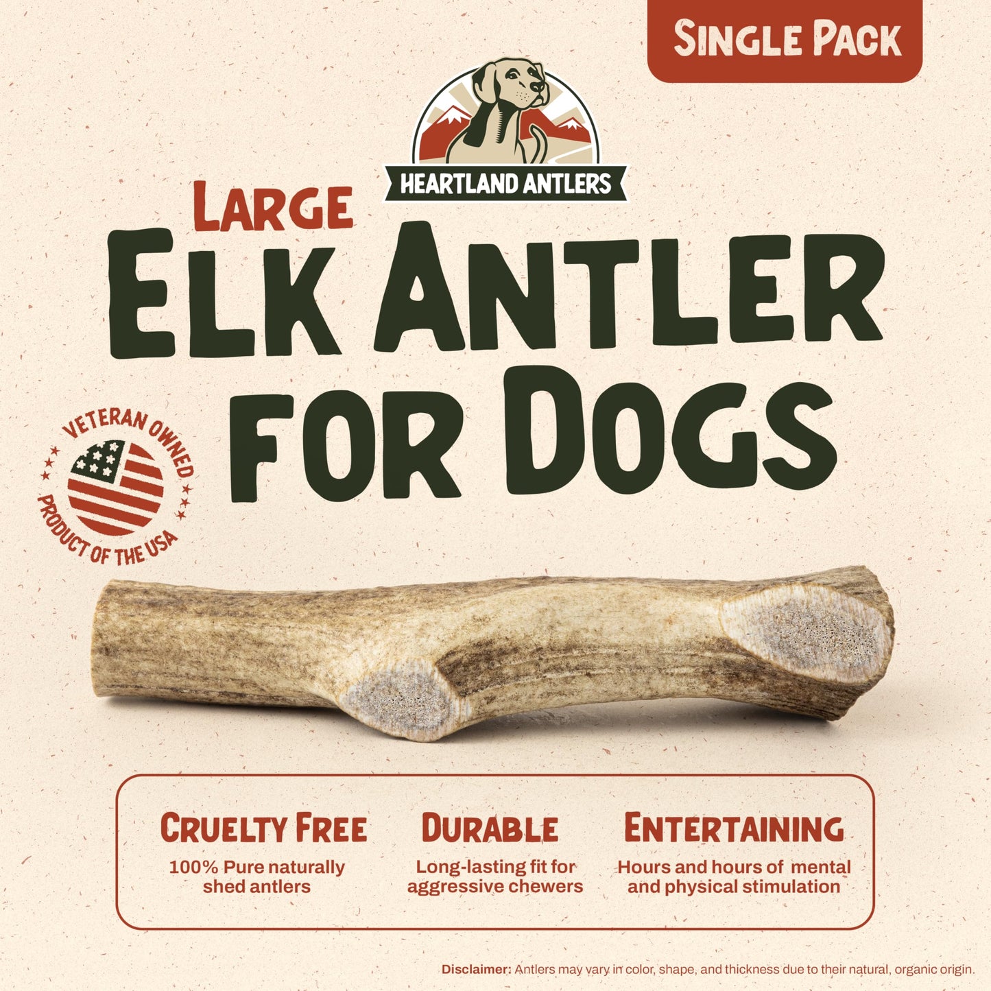 Heartland Elk Antlers for Dogs (Whole Elk, 7", Large, 1-Pack) – Grade A, Naturally Shed | Long-Lasting, Safe Chew for Aggressive Chewers & Puppies | Splinter-Free | USA Made | Veteran Owned