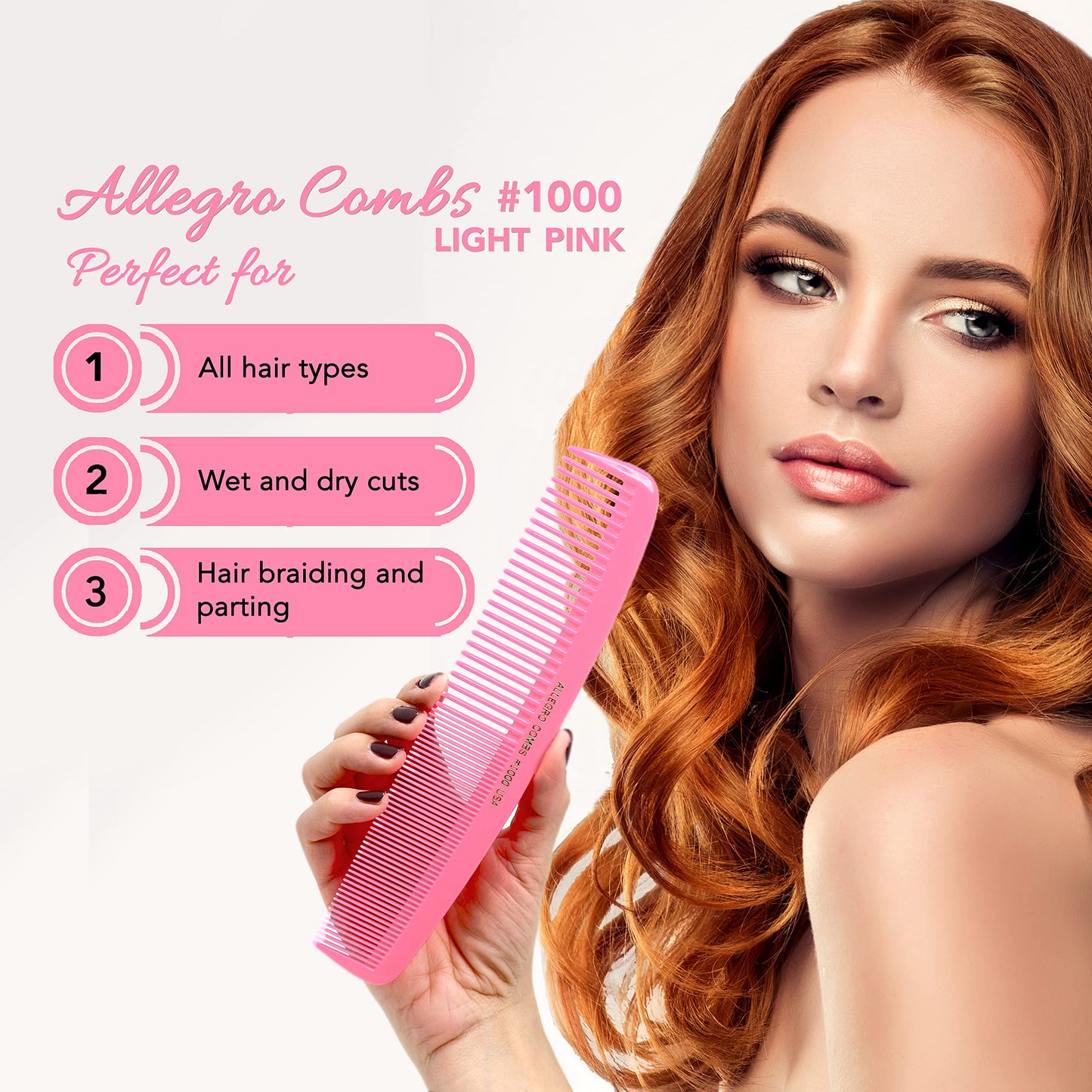 Allegro Combs 1000 X-Large Styling Comb Hair Cutting Barber Stylist Shampoo Combs All Purpose Wide And Fine Tooth Made In The USA 2 Pc. (Light Pink)