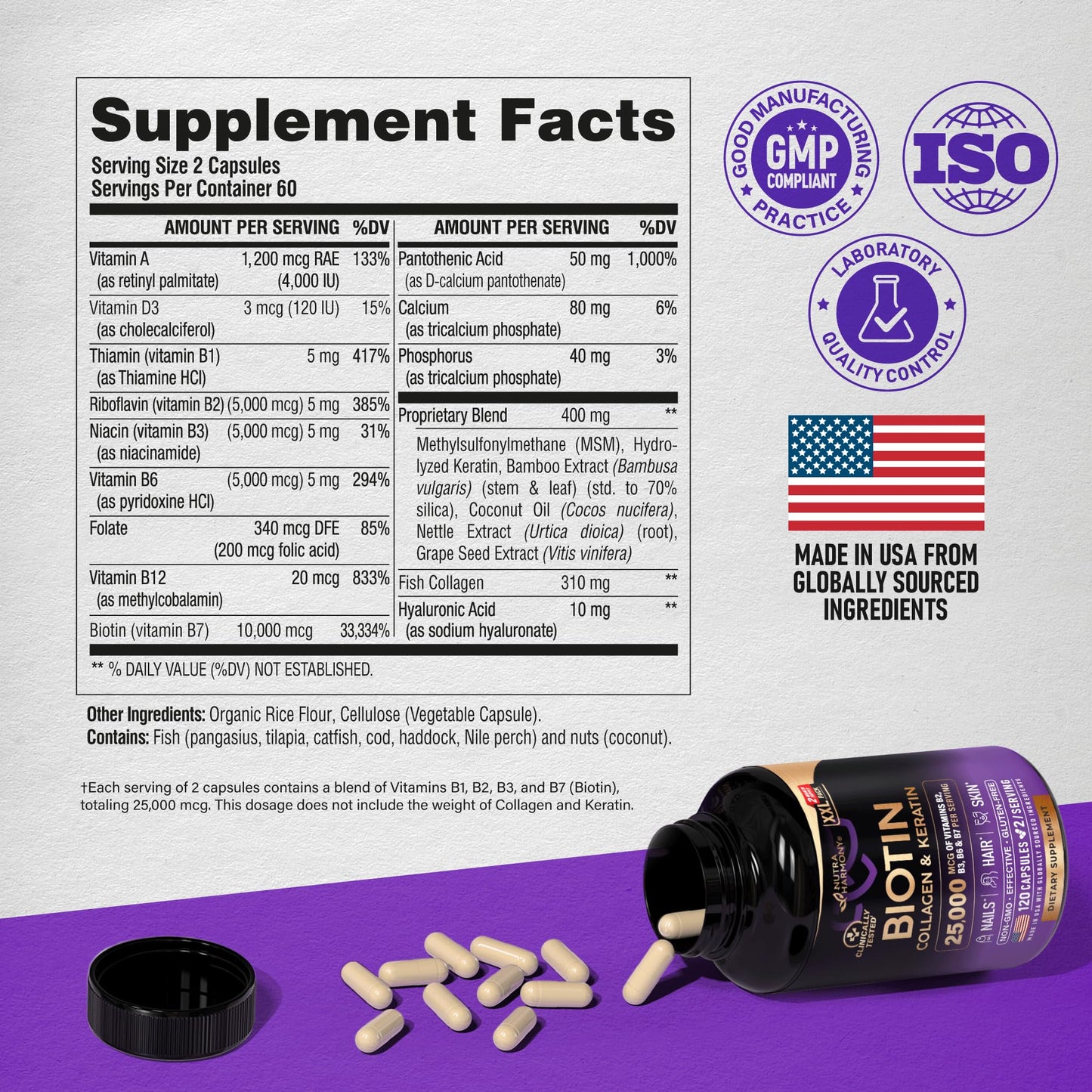 Biotin | Collagen | Keratin - Clinically Tested Supplement - Hair Growth Support, Skin & Nails - 25000 mcg Vitamins B2, B3, B6 & B7 + B1 & Hyaluronic Acid - Made in USA - Women & Men | 120 Capsules