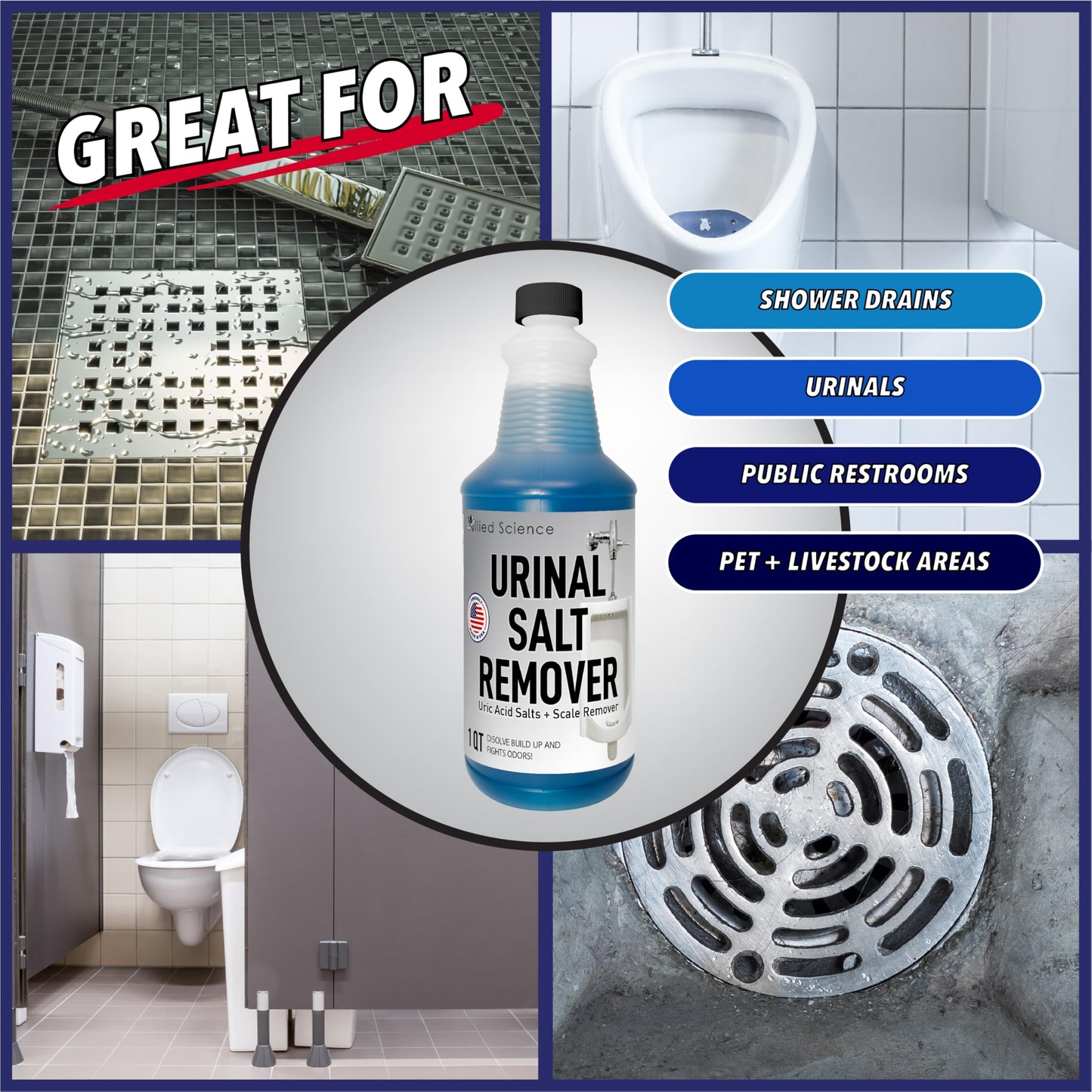 Allied Science Urinal Salt, Calcium and Mineral Scale Remover - Eliminates Urine Odor, Destroys Uric Acid Salt, Deposit Buildup
