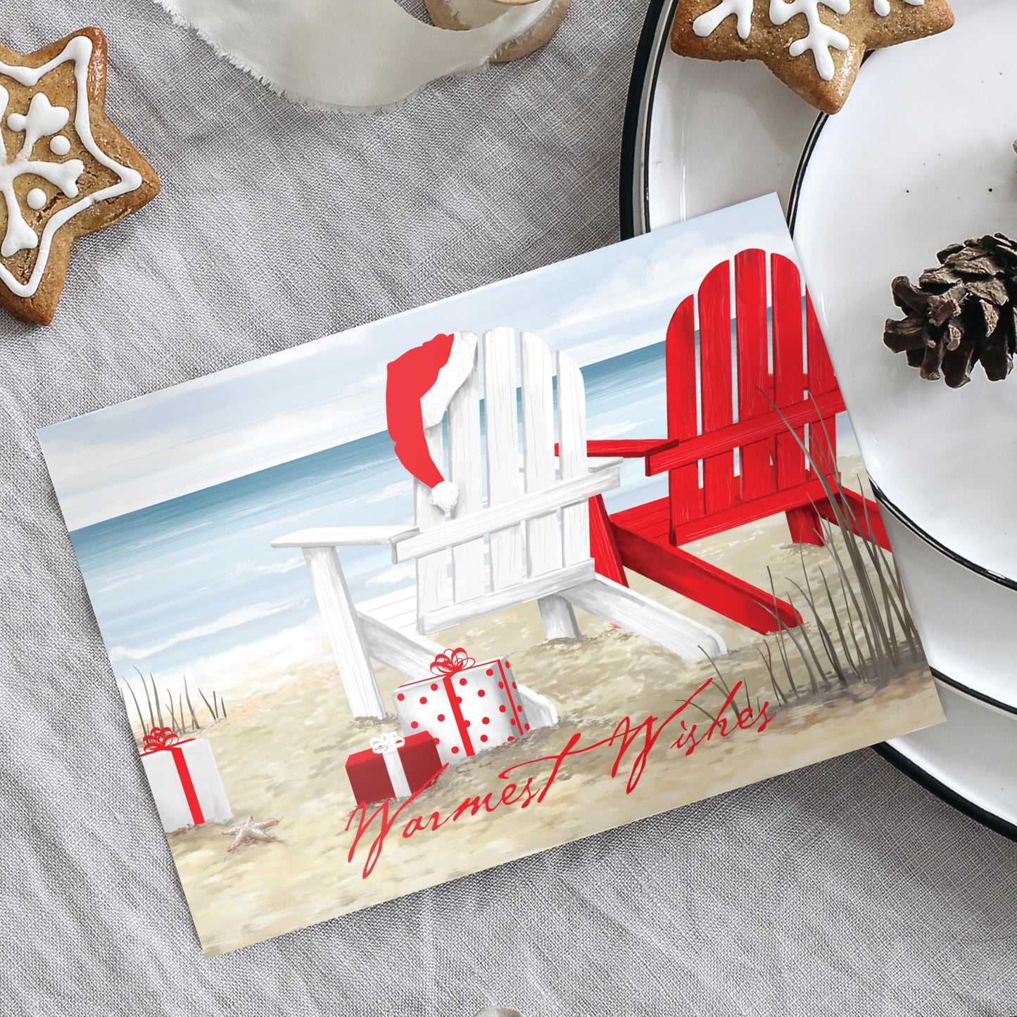 Masterpiece Beach Chairs Cards / 16 Warmest Wishes Coastal Holiday Card Set With Red Foil And White Envelopes / 5 5/8" x 7 7/8" Tropical Vacation Greeting Cards With Meaningful Inside Verse