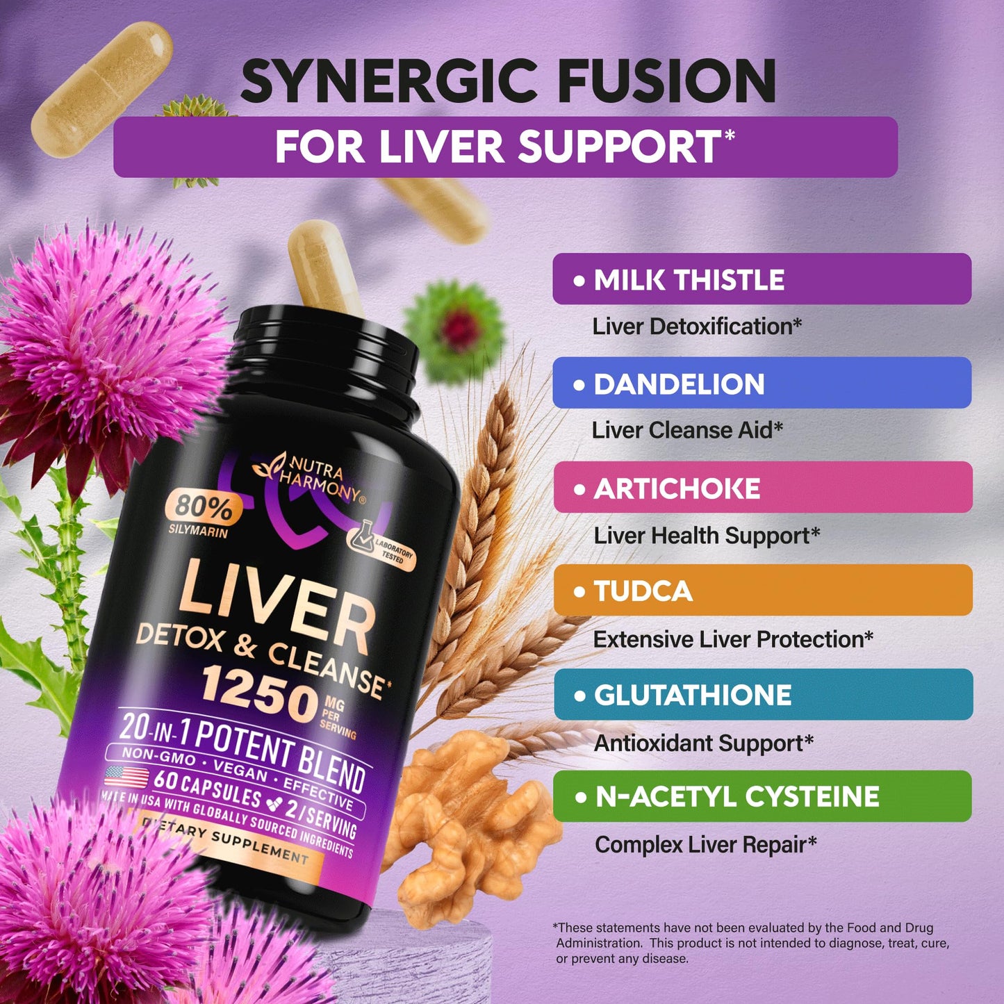Liver Cleanse Detox & Repair - Milk Thistle | Dandelion | Artichoke | TUDCA | Glutathione & NAC - Effective Liver Health Supplement | 80% Silymarin - Laboratory Tested, Vegan - Made in USA 60 Capsules
