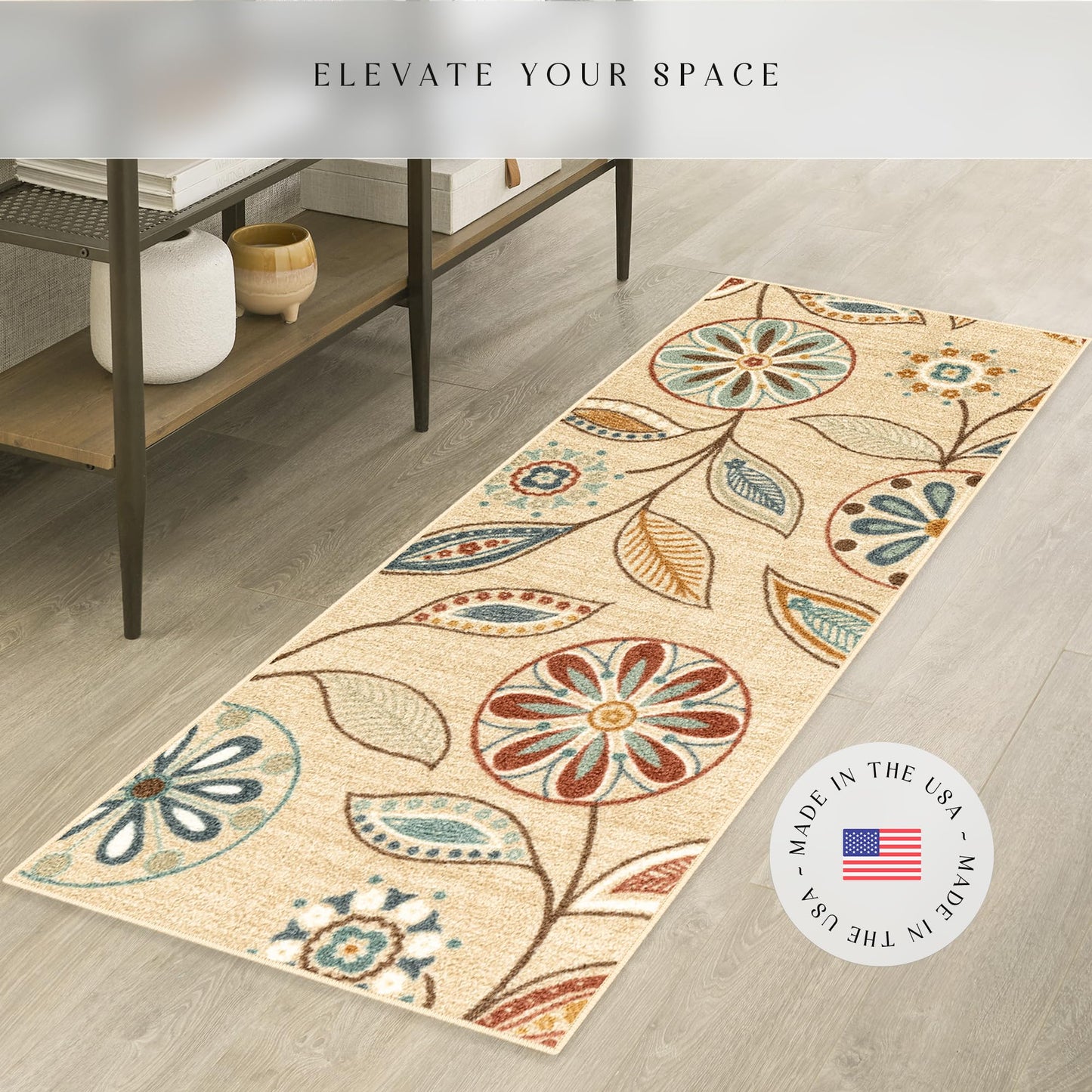 Maples Rugs Reggie Floral Runner Rug - Made in USA - Washable, Non Slip Indoor Carpet for Kitchen, Hallway, and Laundry Room, 1'8 x 5, Beige
