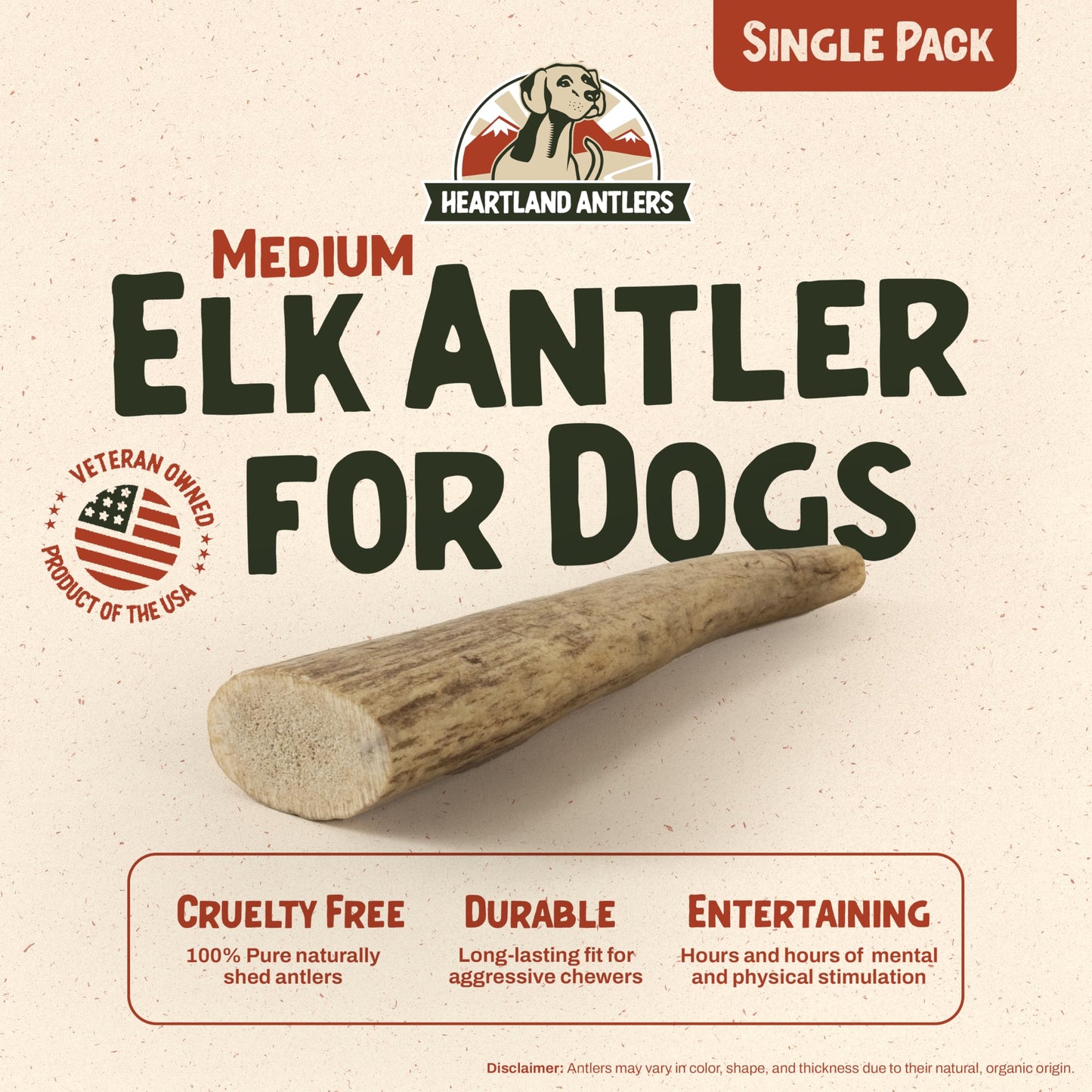 Heartland Elk Antlers for Dogs (Whole Elk, 5–6", Medium, 1-Pack) – Grade A, Naturally Shed | Tough, Long-Lasting Chew for Aggressive Chewers & Puppies | USA Made | Splinter-Free | Veteran Owned