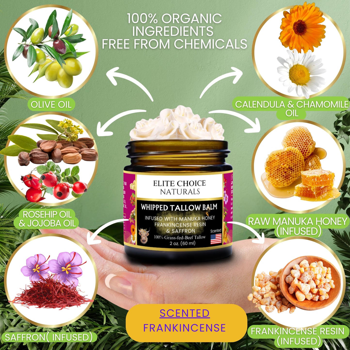 Whipped Tallow Balm - 100% Grass-Fed Beef Tallow, Pure Organic Moisturizer for Face & Body, Anti-Aging, Wrinkles, Fine Lines, Firming, Uneven Tone & Pigmentation - Handmade (2 Fl oz, Frankincense)