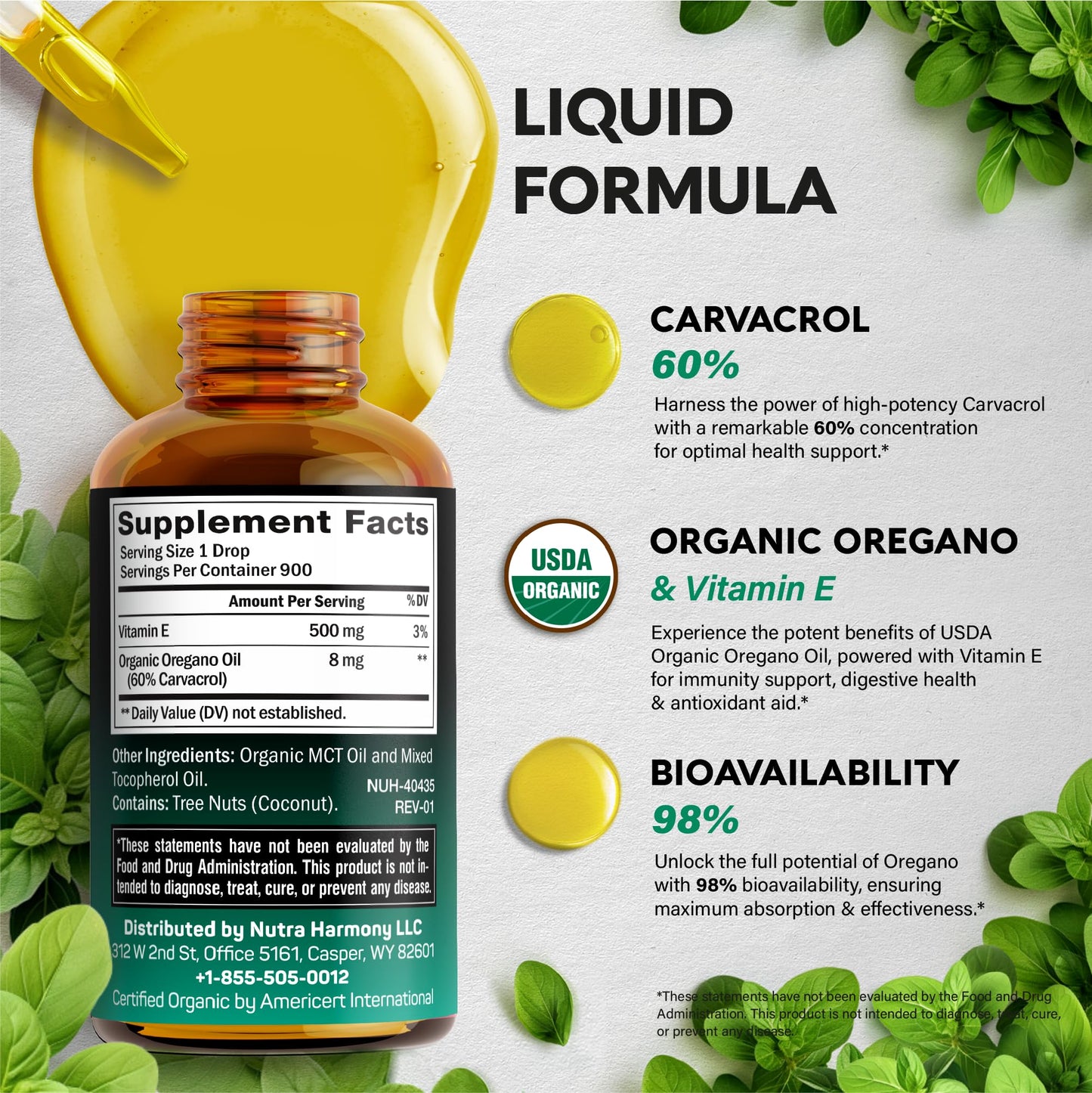 USDA Organic Oil of Oregano - Liquid Drops with Vitamin E - Made in USA - Supplement for Immune Support, Digestion Health & Antioxidant - Non-GMO, Natural, Vegan - Pack of 2