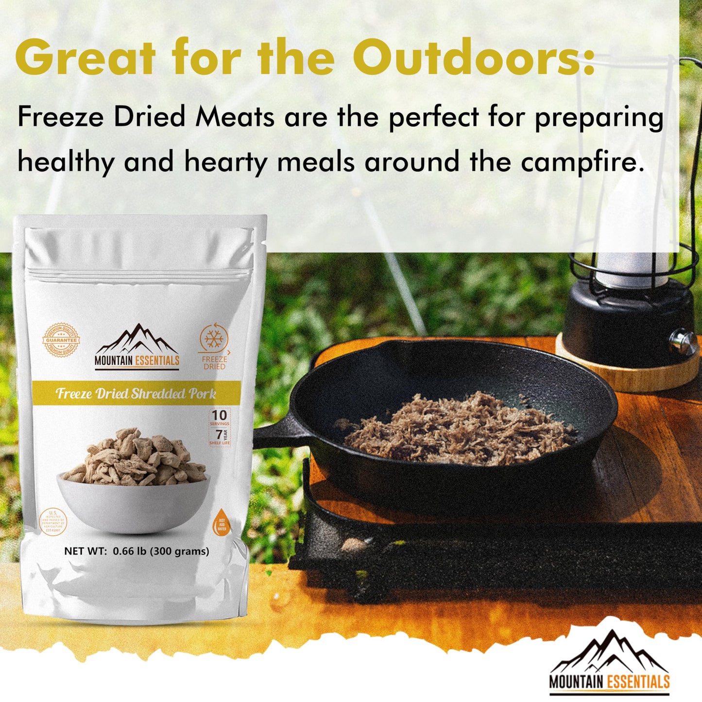 MOUNTAIN ESSENTIALS Freeze Dried Fully Cooked Shredded Pork with 7 Year Shelf Life, 10 Servings Ideal for Camping, Emergency Preparedness and Survival Meals | High Protein Made in USA