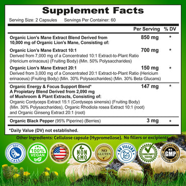 Organic Lion's Mane Supplement Capsules - Contains Naturally Occurring Beta Glucans & Polysaccharides, Enhanced with Organic Energy & Focus Support Blend: Cordyceps, Rhodiola Rosea, Ginseng, 120 Count