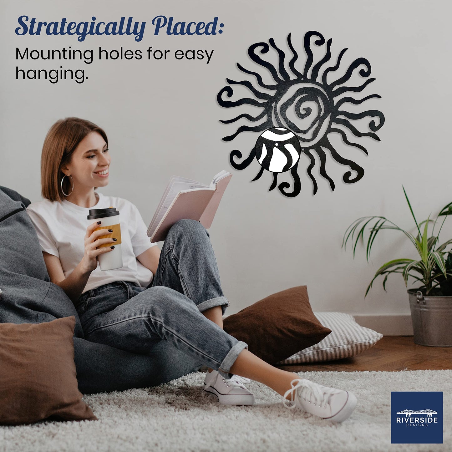 Riverside Designs Wacky Sun Metal Wall Art Indoor/Outdoor Decor - 12" Black Rust Proof Wall Sculpture - Made in USA - Ideal for Bedroom, Garden, Home, Patio and Farmhouse