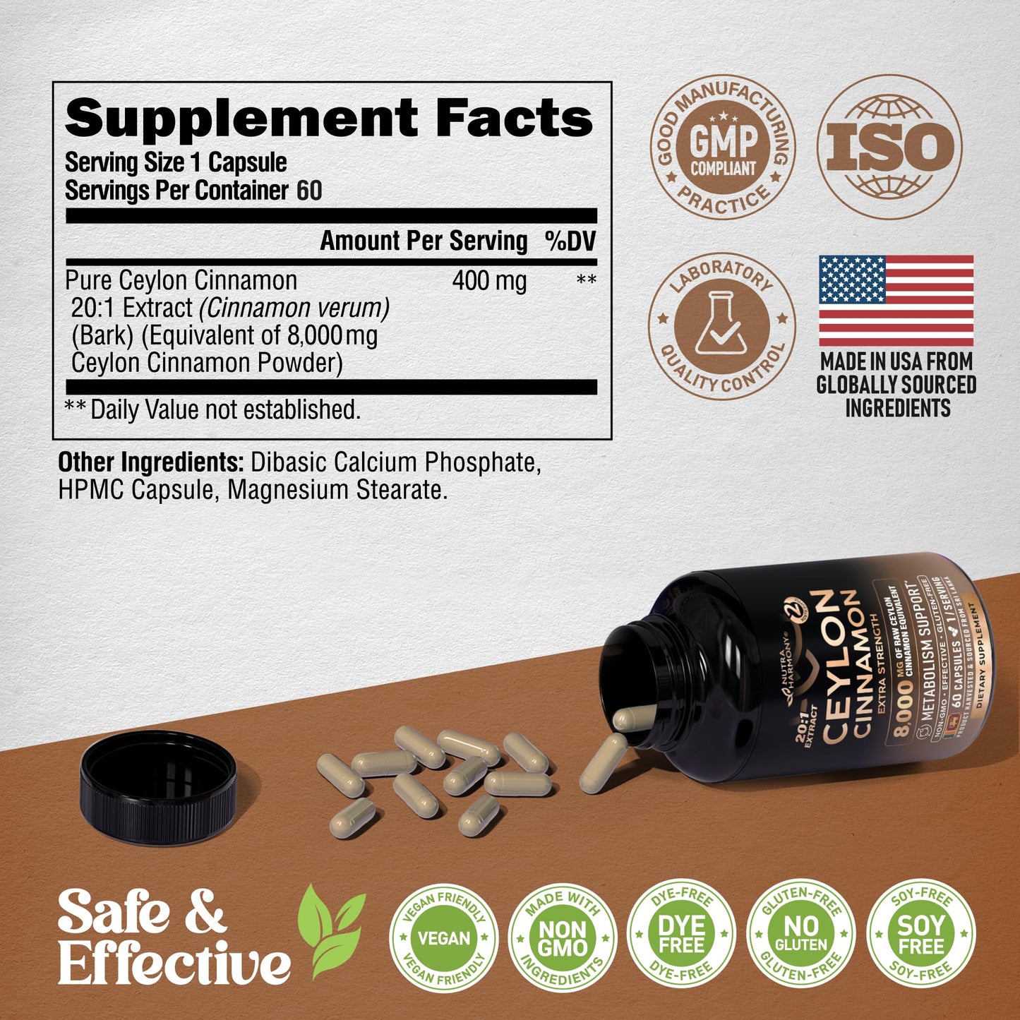 Ceylon Cinnamon Capsules - Extra Strength - Energy, Heart & Metabolism Support - for Men & Women - Pure Natural Extract 20:1 Supplement - Made in USA - GMO & Gluten Free