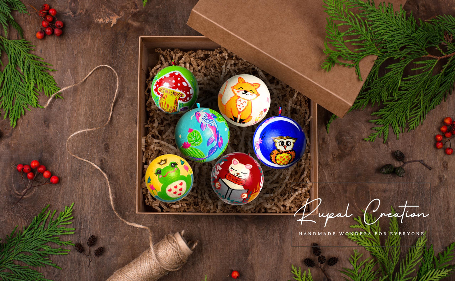 Set of 6 Handmade Wooden Christmas Ornaments - Rustic Holiday Ball Decorations - Made in USA - Perfect for Gifts, Tree Decor, and Home Accents - Small Business Craft (Multi Colour)