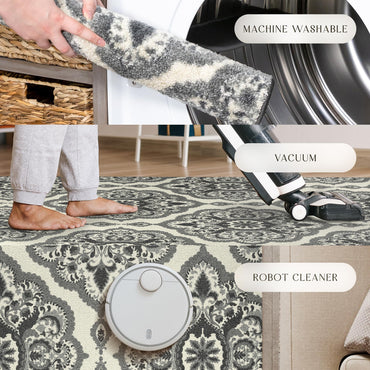 Maples Rugs Vivian Medallion Runner Rug - Made in USA - Washable, Non Slip, Indoor Carpet for Hallway, Kitchen, and Laundry Room, 2'6 x 5', Grey