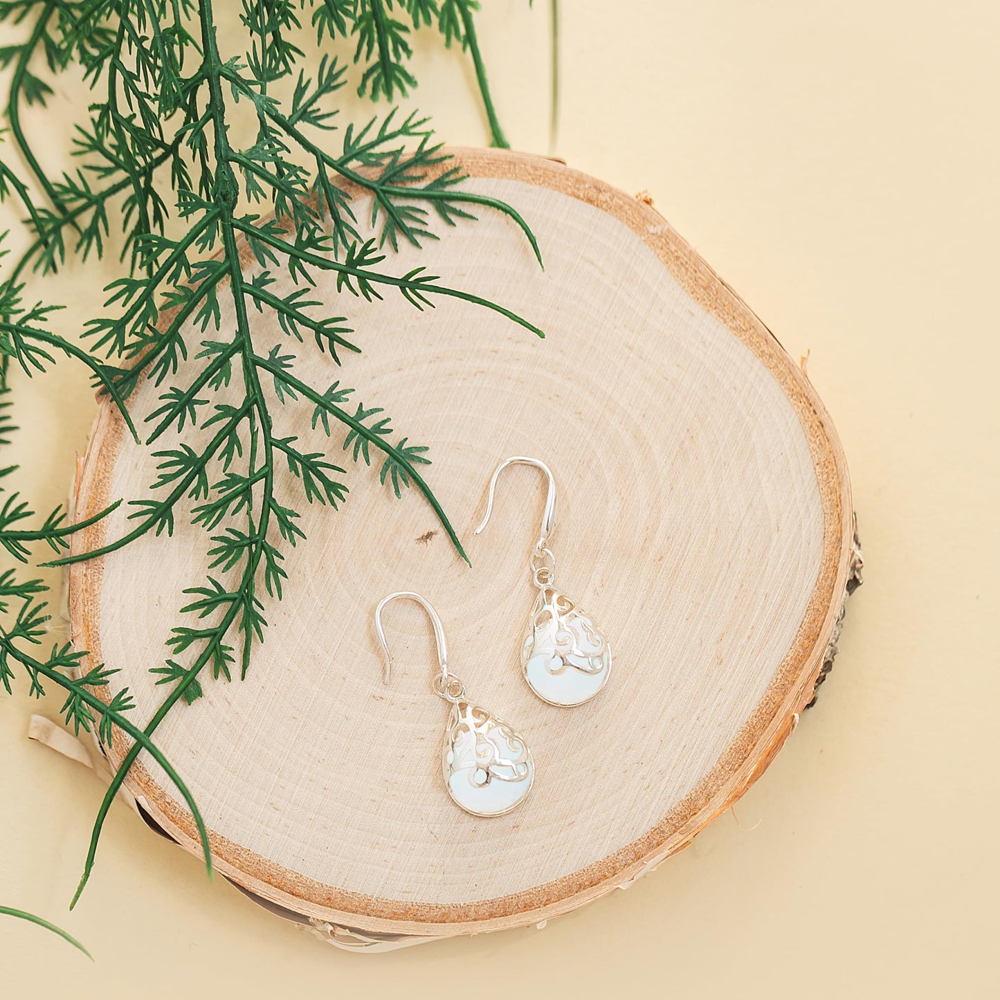 Bottled Up Designs Handmade Filigree Teardrop Earrings, Recycled Vintage Milk Glass, Sterling Silver, Eco Friendly, Made in USA, Mothers Day, Women, Anniversary (White Cold Cream Jar)