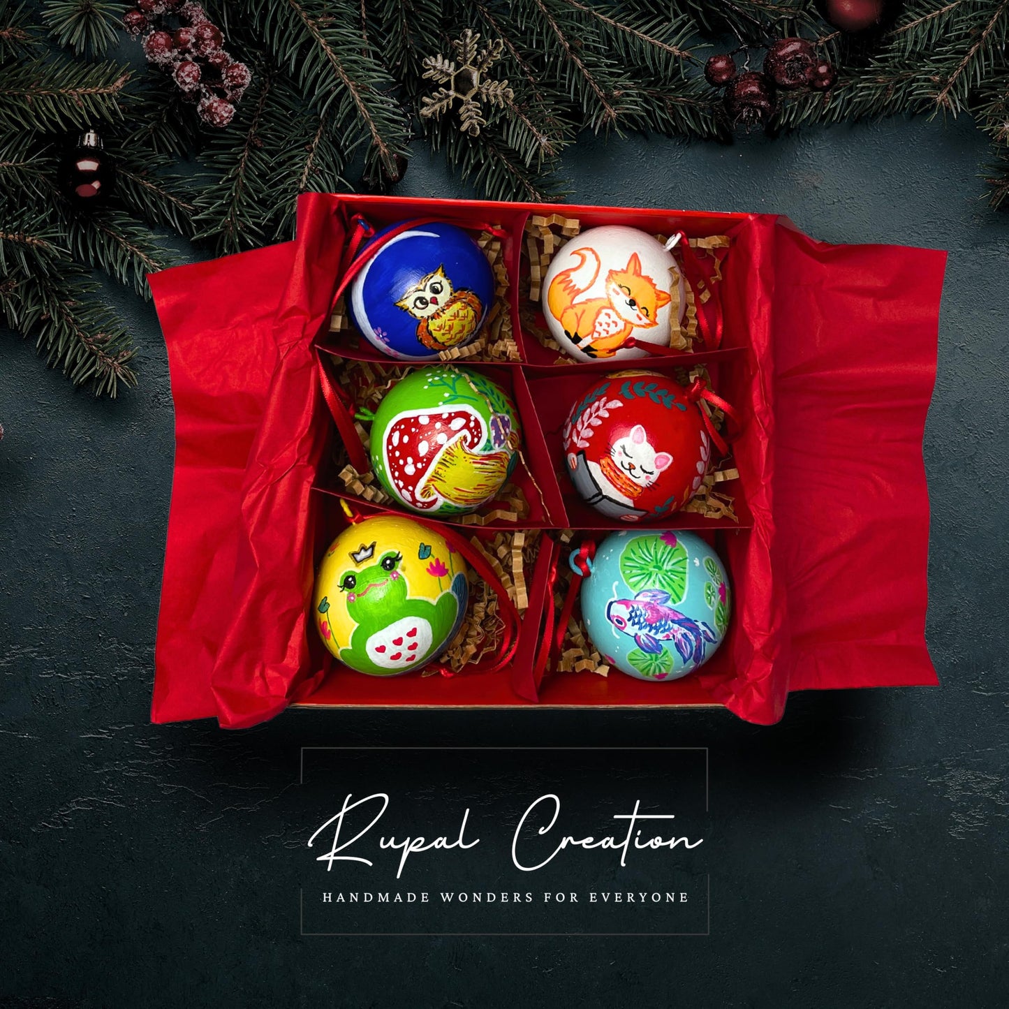 Set of 6 Handmade Wooden Christmas Ornaments - Rustic Holiday Ball Decorations - Made in USA - Perfect for Gifts, Tree Decor, and Home Accents - Small Business Craft (Multi Colour)