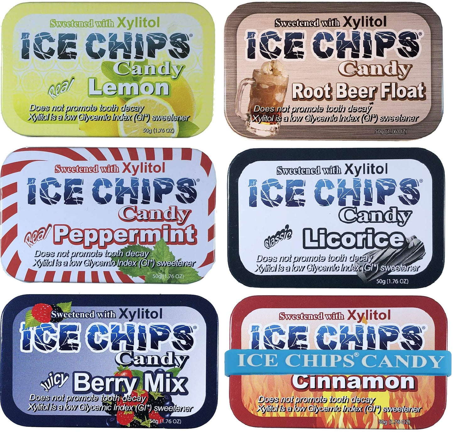 ICE CHIPS Xylitol Candy 6 Tins (Variety Pack); Low Carb, Gluten Free - includes ICE CHIPS BAND as shown