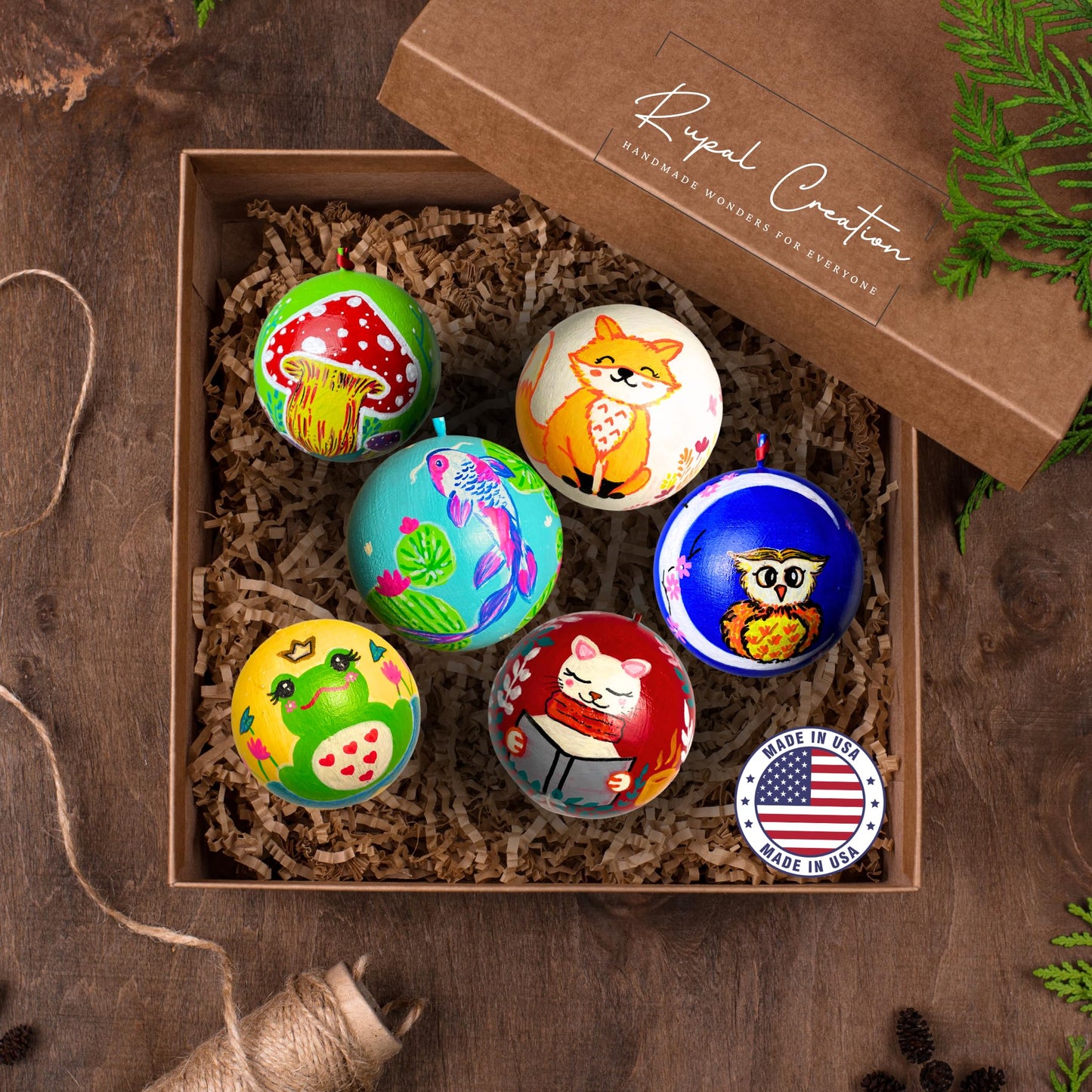 Set of 6 Handmade Wooden Christmas Ornaments - Rustic Holiday Ball Decorations - Made in USA - Perfect for Gifts, Tree Decor, and Home Accents - Small Business Craft (Multi Colour)