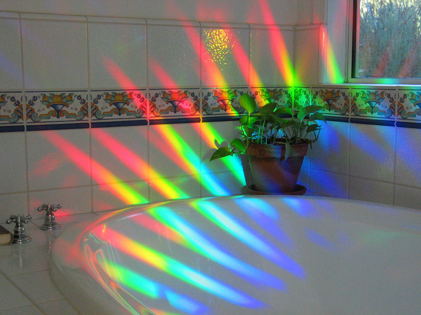 Rainbow Symphony- Rainbow Window Suncatcher, Axicon Prism Pattern, with Bonus Rainbow on Board Sun Catcher, Made in USA