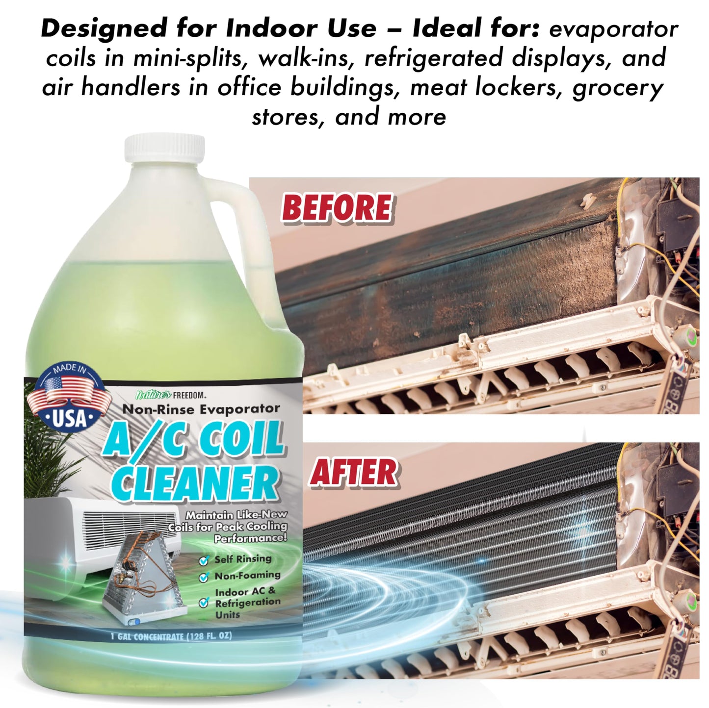 Nature's Freedom AC Coil Cleaner – 1 Gallon No Rinse Coil Cleaner for Air Conditioners, Mini Splits, Heat Pumps & Window Units – Non-Foaming, Metal-Safe Formula