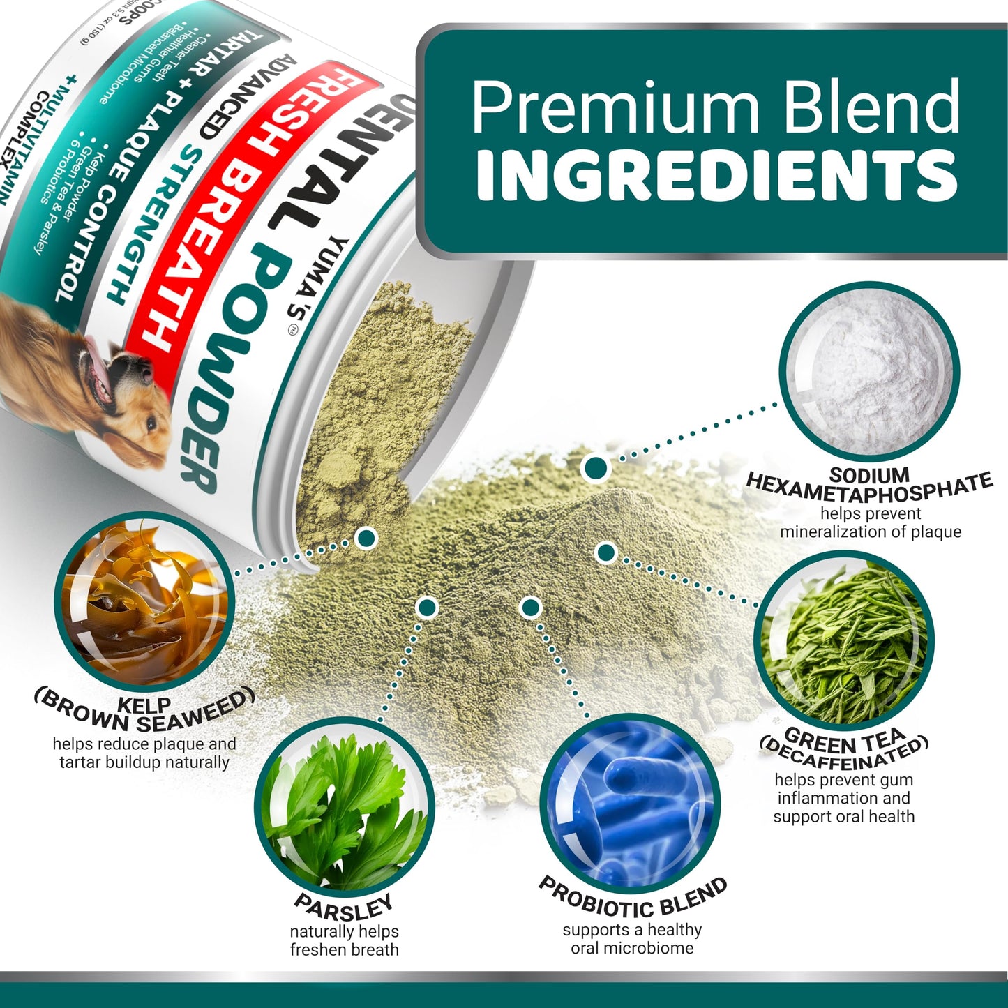 Dog Dental Powder - Breath Freshener - Dog Teeth Cleaning Powder - Tartar and Plaque Off Remover for Dogs - Probiotics - Multivitamin Blend Pet Oral Care Vitamins and Supplements - All Breeds & Sizes