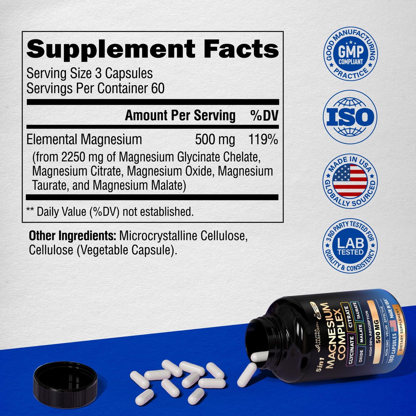 Magnesium Supplement - 5 in 1 Complex | Glycinate | Citrate | Malate | Taurate | Oxide - Made in USA - Stress, Muscle & Heart Support - Vegan, Natural, Non-GMO - 180 Capsules, 2 Month Supply