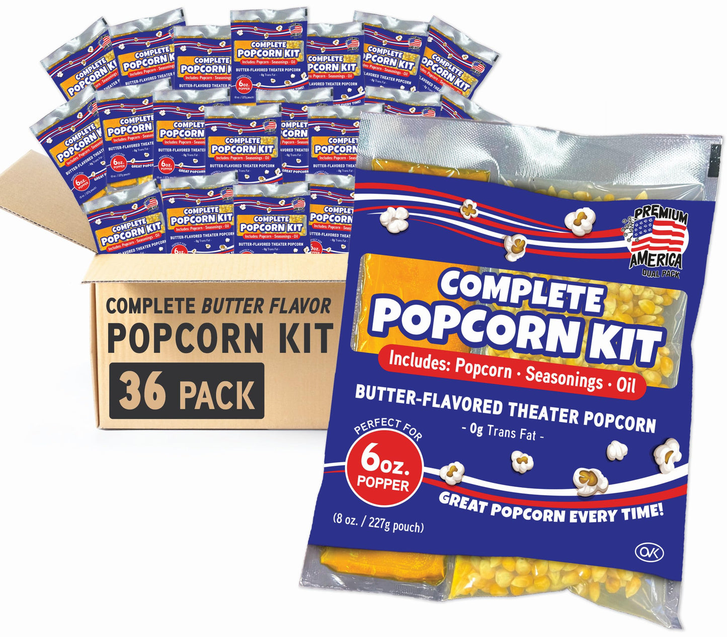 Premium America Popcorn Kit, 36 Packs for a 6oz Popper, Movie Theater & Popcorn Machine Kernels, Oil & Seasoning Packet, Bulk All in One