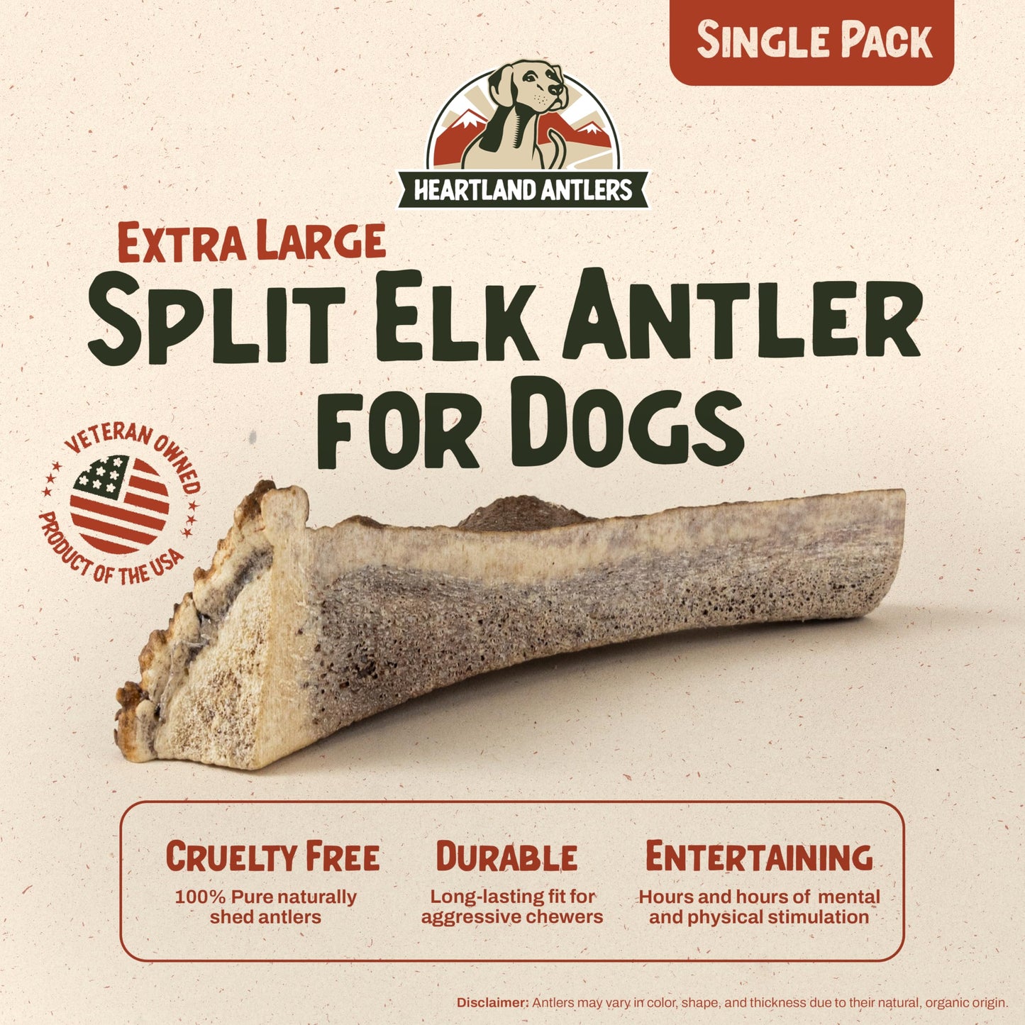 Heartland Elk Antlers for Dogs (Split Elk, 8+", X-Large, 1-Pack) – Grade A, Naturally Shed | Durable, Safe Chew for Aggressive Chewers & Puppies | Splinter-Free | USA Made | Veteran Owned