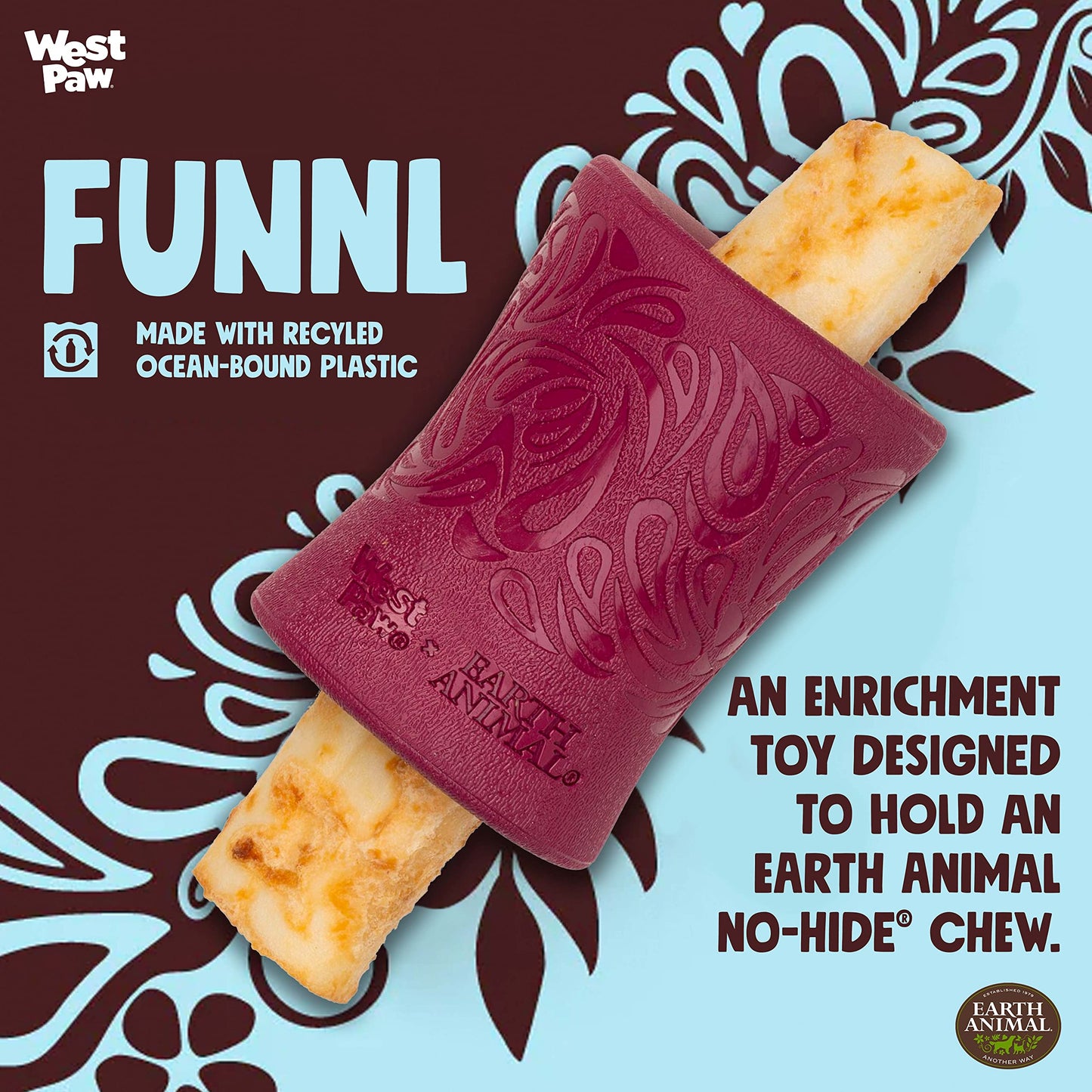 WEST PAW Funnl Dog Chew Toy - Interactive Treat Toys for Dogs - Toy Fillable with Earth Animal No-Hide Chews - Large 4.25" Tropic Red | Made in USA