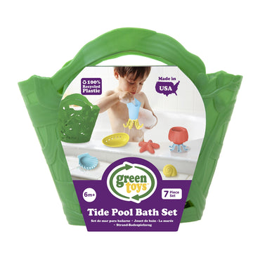 Green Toys Tide Pool Bath Set - 7 Piece Pretend Play, Motor Skills, Kids Bath Toy Floating Pouring Shells with Storage Bag. No BPA, phthalates, PVC. Dishwasher Safe, Recycled Plastic, Made in USA.