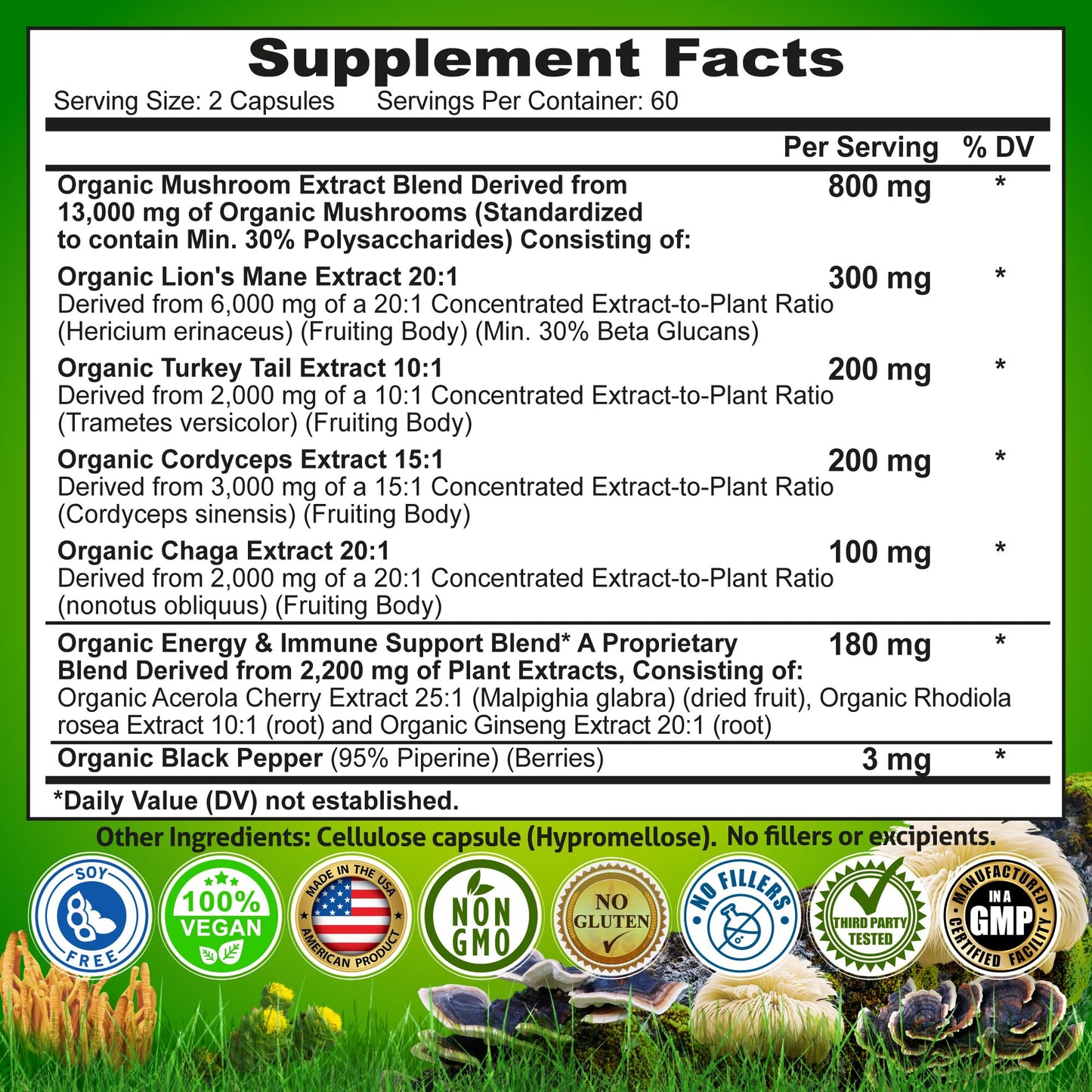 Organic Mushroom Complex: Lion's Mane, Turkey Tail, Cordyceps, Chaga, Contains Naturally Occurring Beta Glucans - Organic Energy & Immune Support Blend: Rhodiola Rosea, Ginseng & Acerola Cherry 120Ct