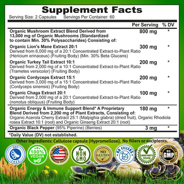 Organic Mushroom Complex: Lion's Mane, Turkey Tail, Cordyceps, Chaga, Contains Naturally Occurring Beta Glucans - Organic Energy & Immune Support Blend: Rhodiola Rosea, Ginseng & Acerola Cherry 120Ct