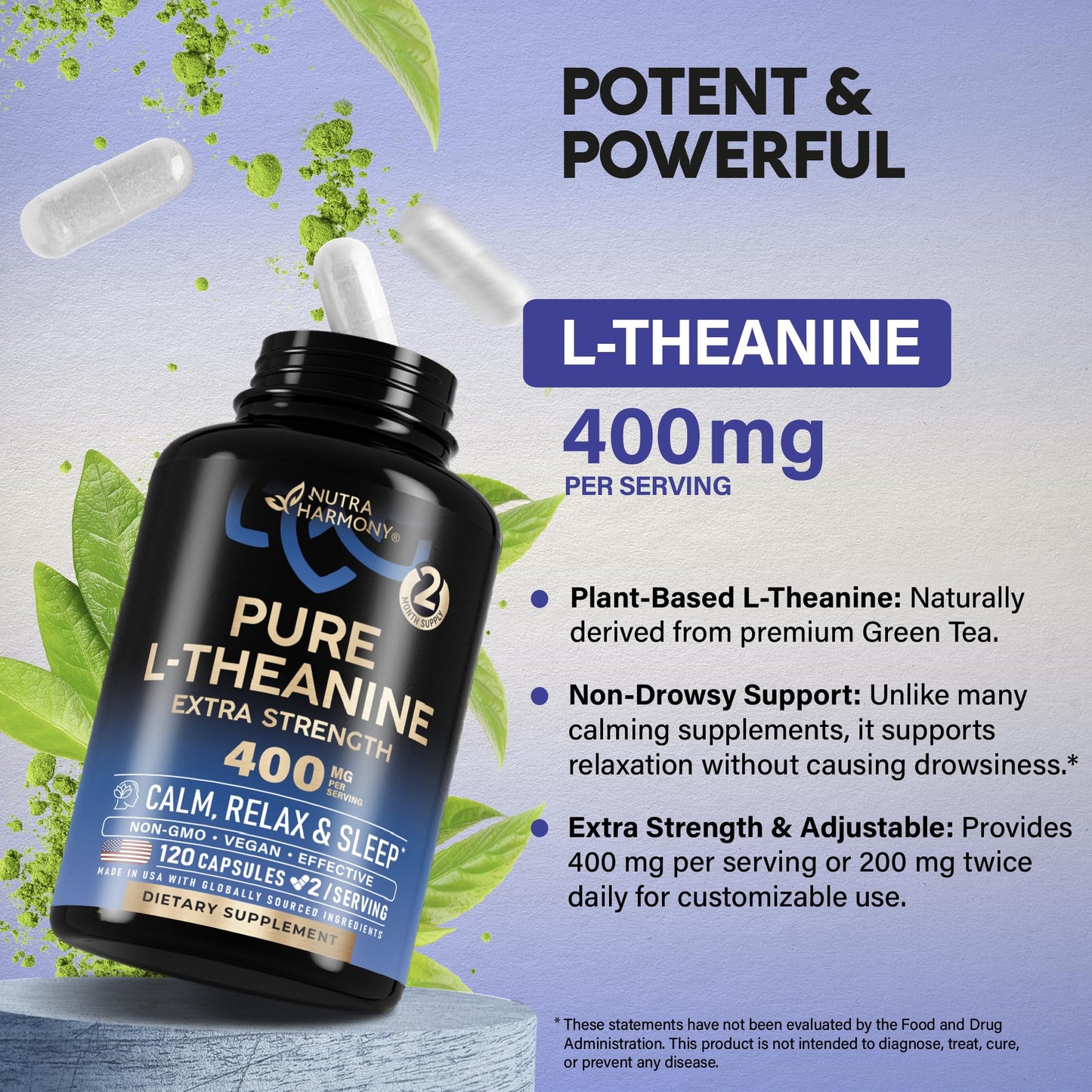 L Theanine 400 mg | L-Theanine Stress Relief | Extra Strength Supplement | Made in USA | Relaxation, Sleep & Calm Support | For Men & Women | Plant Based, Non-GMO & Gluten-Free | Vegan, Pack of 2