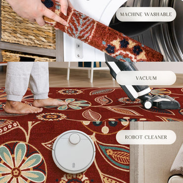 Maples Rugs Reggie Floral Runner Rug - Made in USA - Washable, Non Slip Indoor Carpet for Kitchen, Hallway, and Laundry Room, 1'8 x 5, Merlot