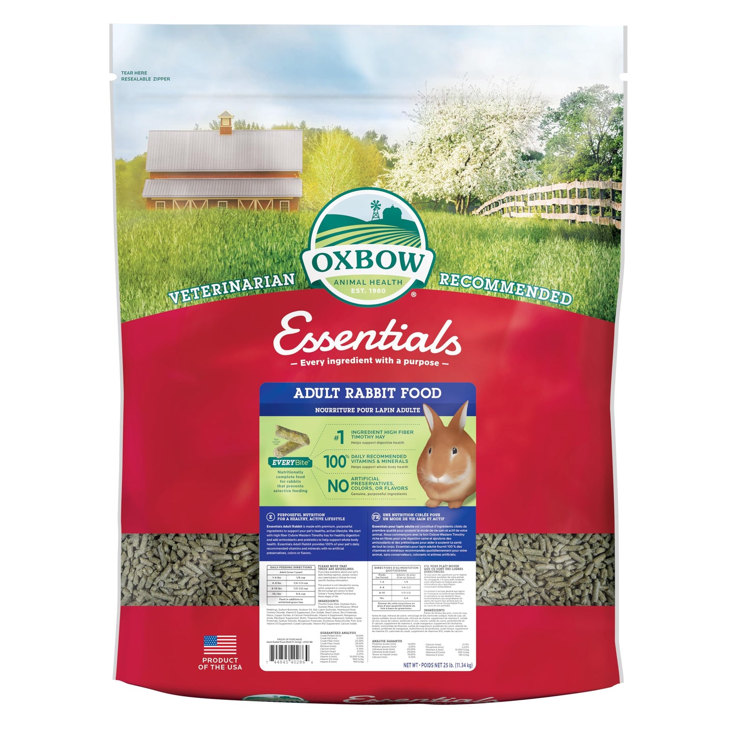 Oxbow Essentials Adult Rabbit Food - All Natural Adult Rabbit Pellets - Fiber Rich Formula - All Natural Vitamins & Minerals - No Seeds and Artificial Ingredients - Made in the USA - 25 lb.
