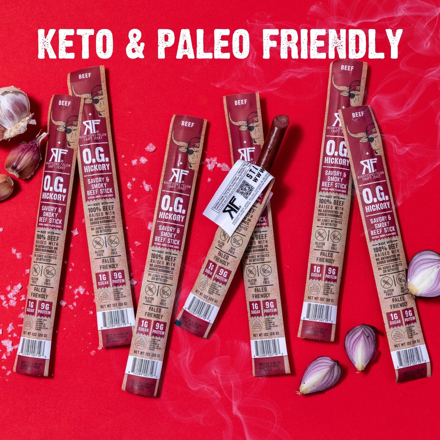 Righteous Felon Meat Sticks | 100% Beef Sticks | Gluten Free & Keto Meat Sticks | Low Sugar & High Protein Beef Sticks | Healthy Snack for Adults | Jerky Gifts for Men | OG Hickory, 10 Pack