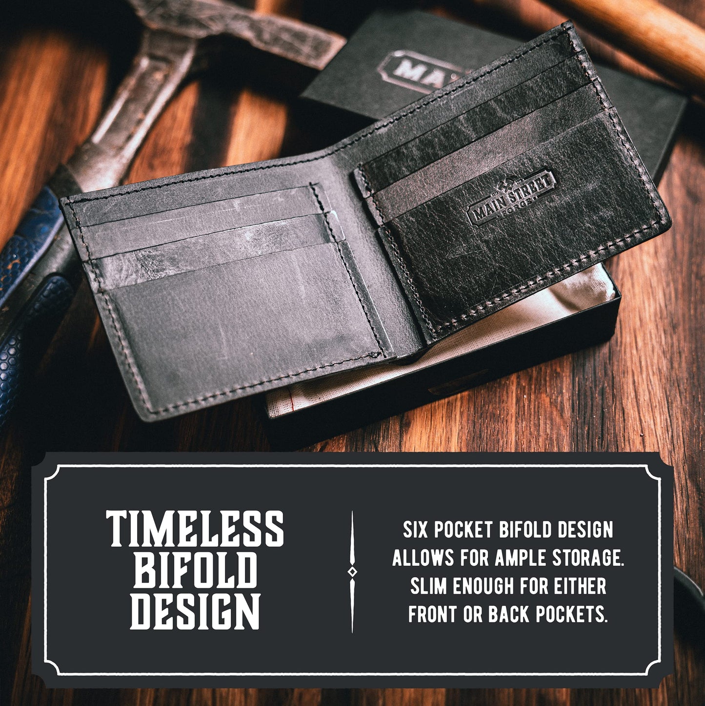 Main Street Forge Bifold Leather Wallet For Men | Made in USA | Mens Bifold Wallets | American Made | Midnight Black