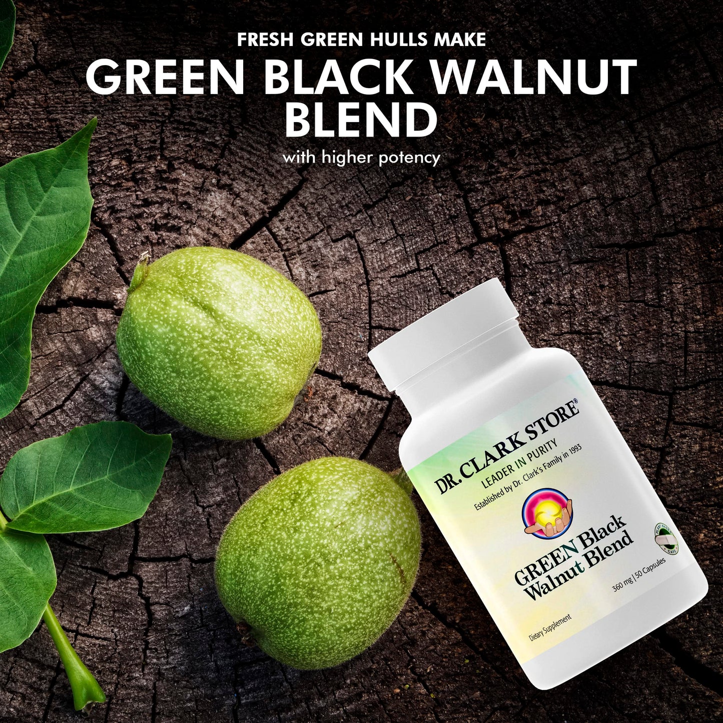 Dr Clark Green Black Walnut Blend - Freeze Dried Hull Dietary Supplement, Extra Strength Formula from All Natural Walnuts, Supports Healthy Intestinal Environment, 360mg, 50 Gelatin Capsules