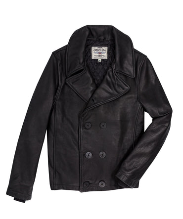 Naval Short Leather Peacoat Z21U025 in Black